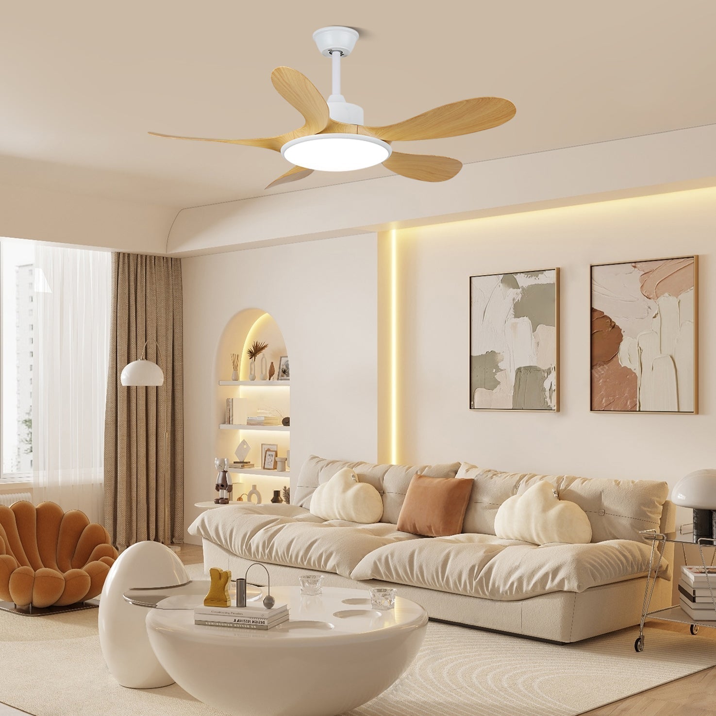 Détail du cadre métallique et des pales ABS aspect bois du ventilateur Tirenor