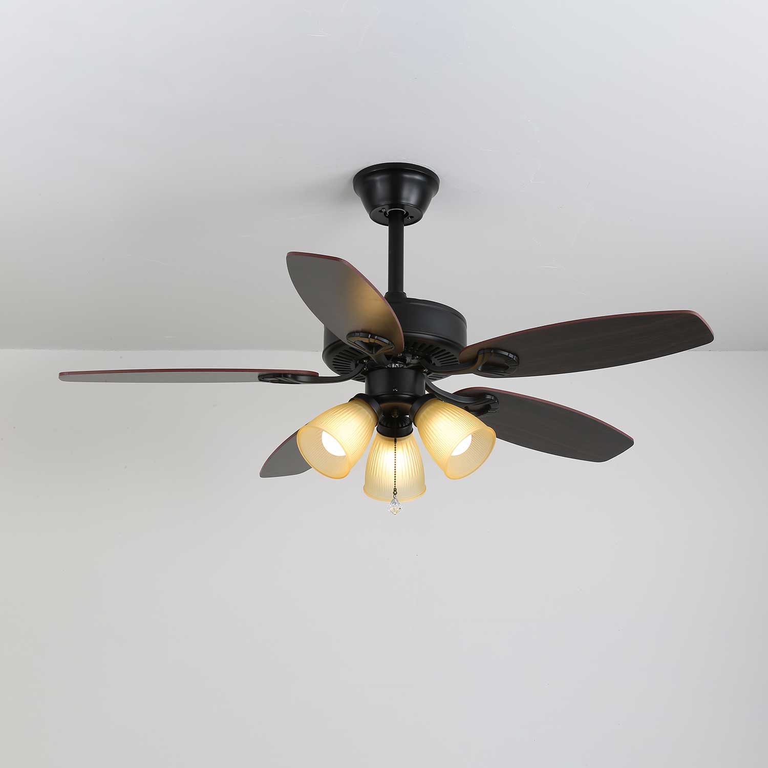 Plafonnier Ventilateur Calviera en Bois et Verre Vintage, abat-jour orange