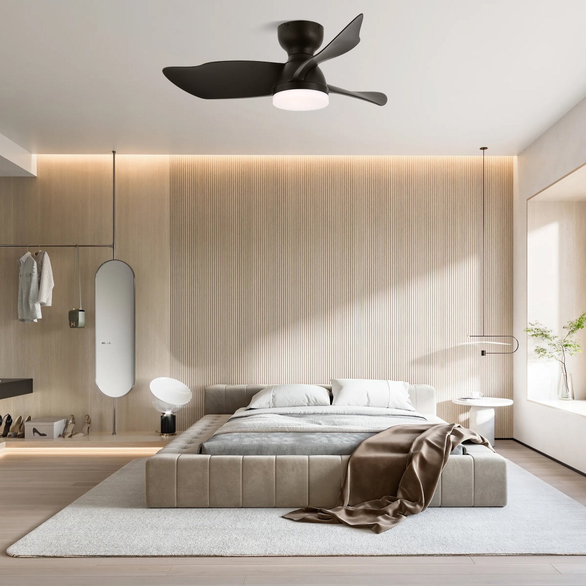 Plafonnier Ventilateur Mirella Argent et Bois, vue en angle