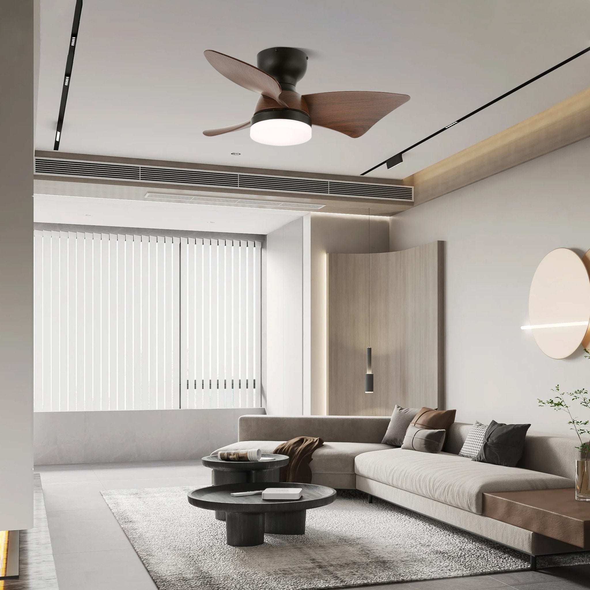 Plafonnier Ventilateur Mirella Argent et Bois, vue du modèle E