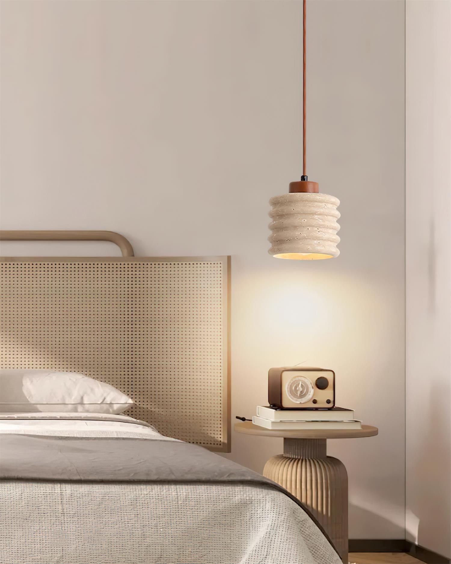 Pendant Lamp Travertine Ripple Shade Walnut Wood Organic Wabi-Sabi - Letslighting