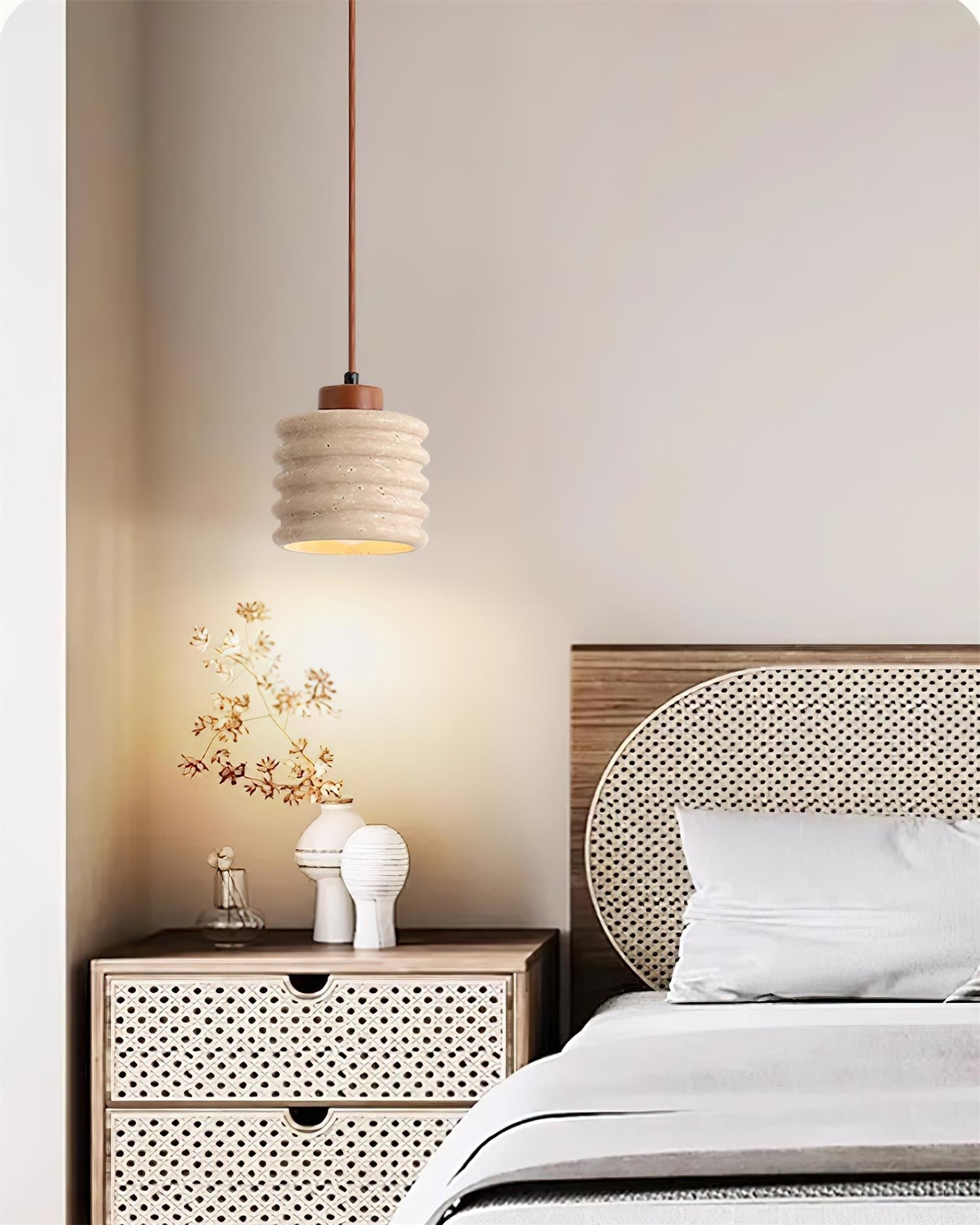 Pendant Lamp Travertine Ripple Shade Walnut Wood Organic Wabi-Sabi - Letslighting