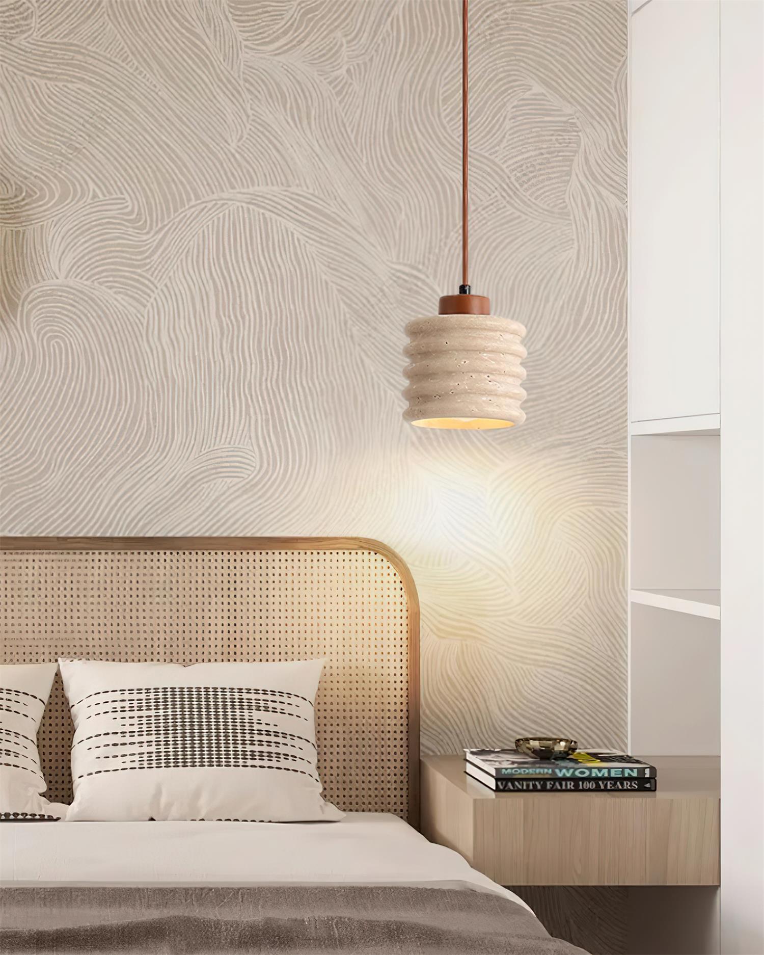 Pendant Lamp Travertine Ripple Shade Walnut Wood Organic Wabi-Sabi - Letslighting