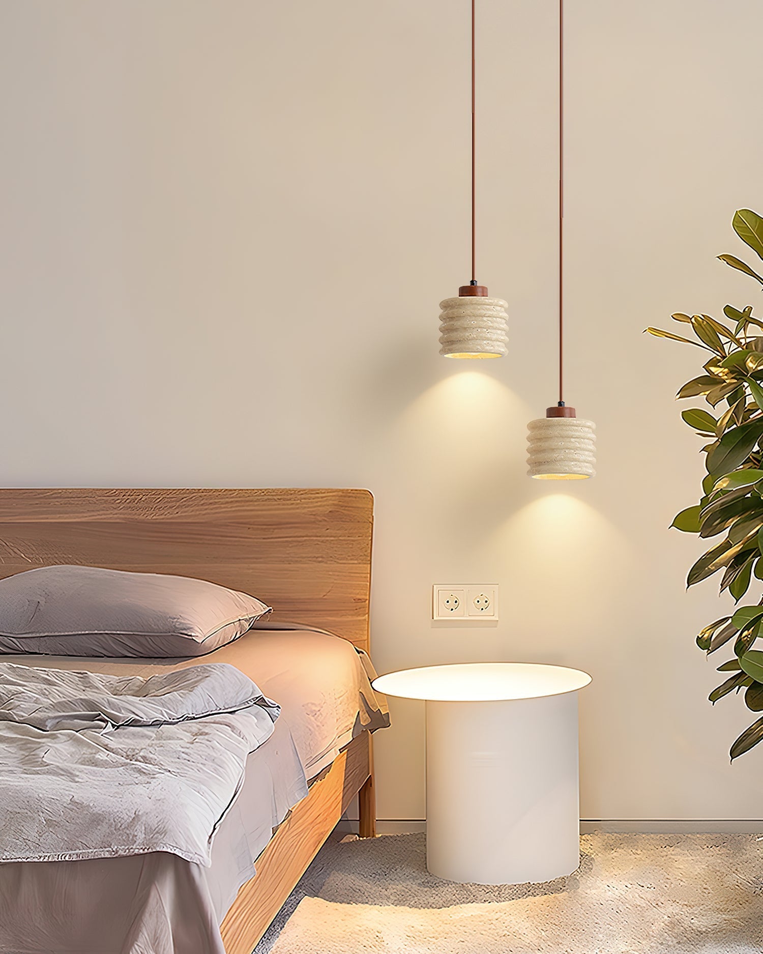 Pendant Lamp Travertine Ripple Shade Walnut Wood Organic Wabi-Sabi - Letslighting