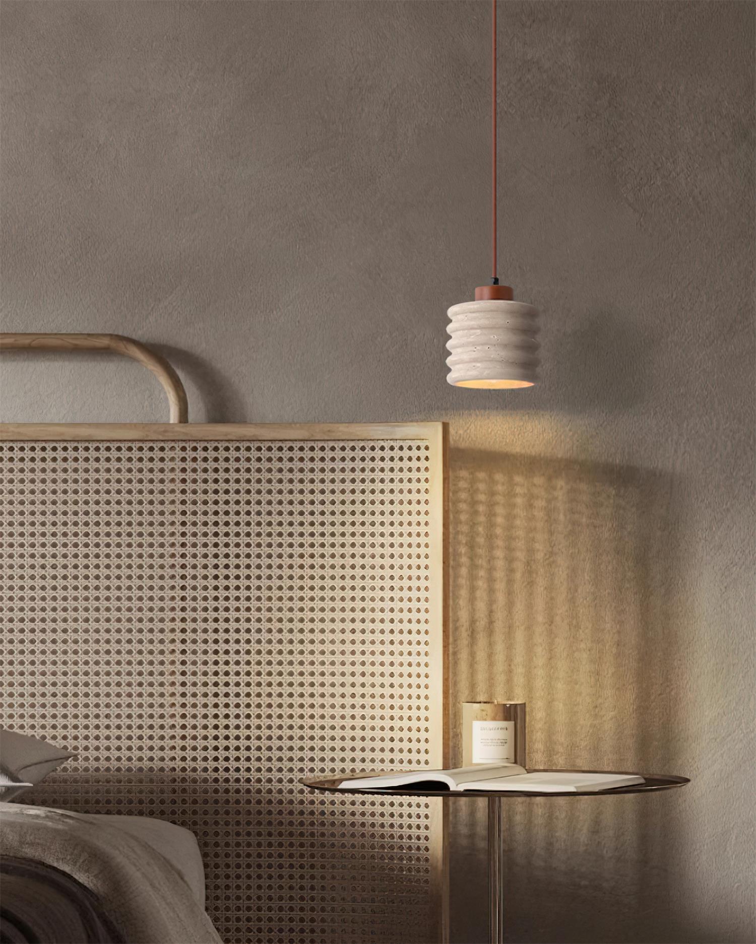 Pendant Lamp Travertine Ripple Shade Walnut Wood Organic Wabi-Sabi - Letslighting
