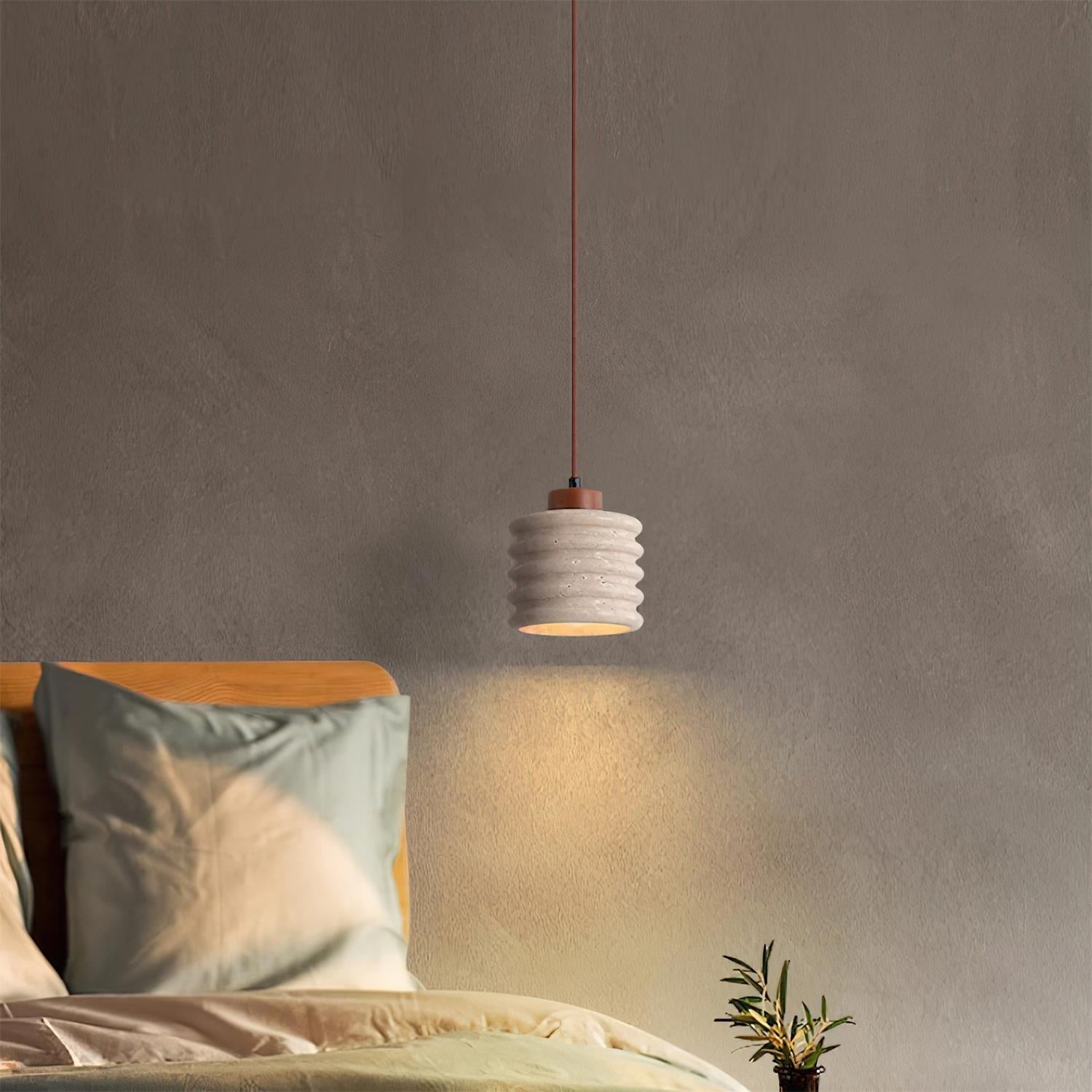 Pendant Lamp Travertine Ripple Shade Walnut Wood Organic Wabi-Sabi - Letslighting