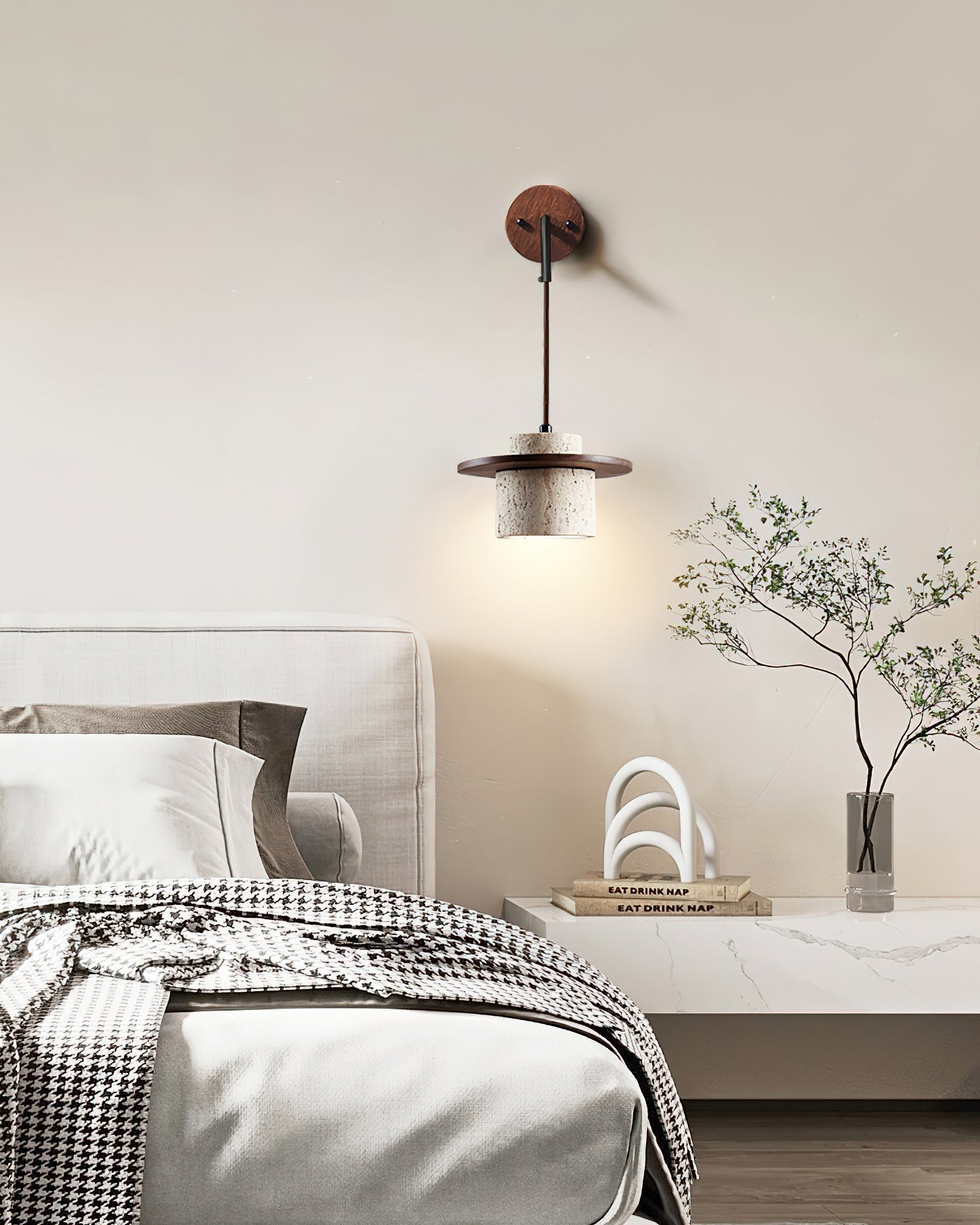 Wall Lamp Travertine Cylinder Walnut Wood Scandinavian - Letslighting