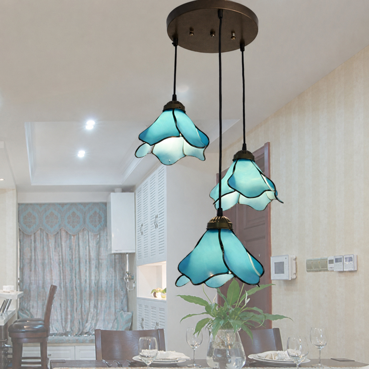 Ray Fleur Moderne LED Suspension Rose Bleu Métal Verre Salon