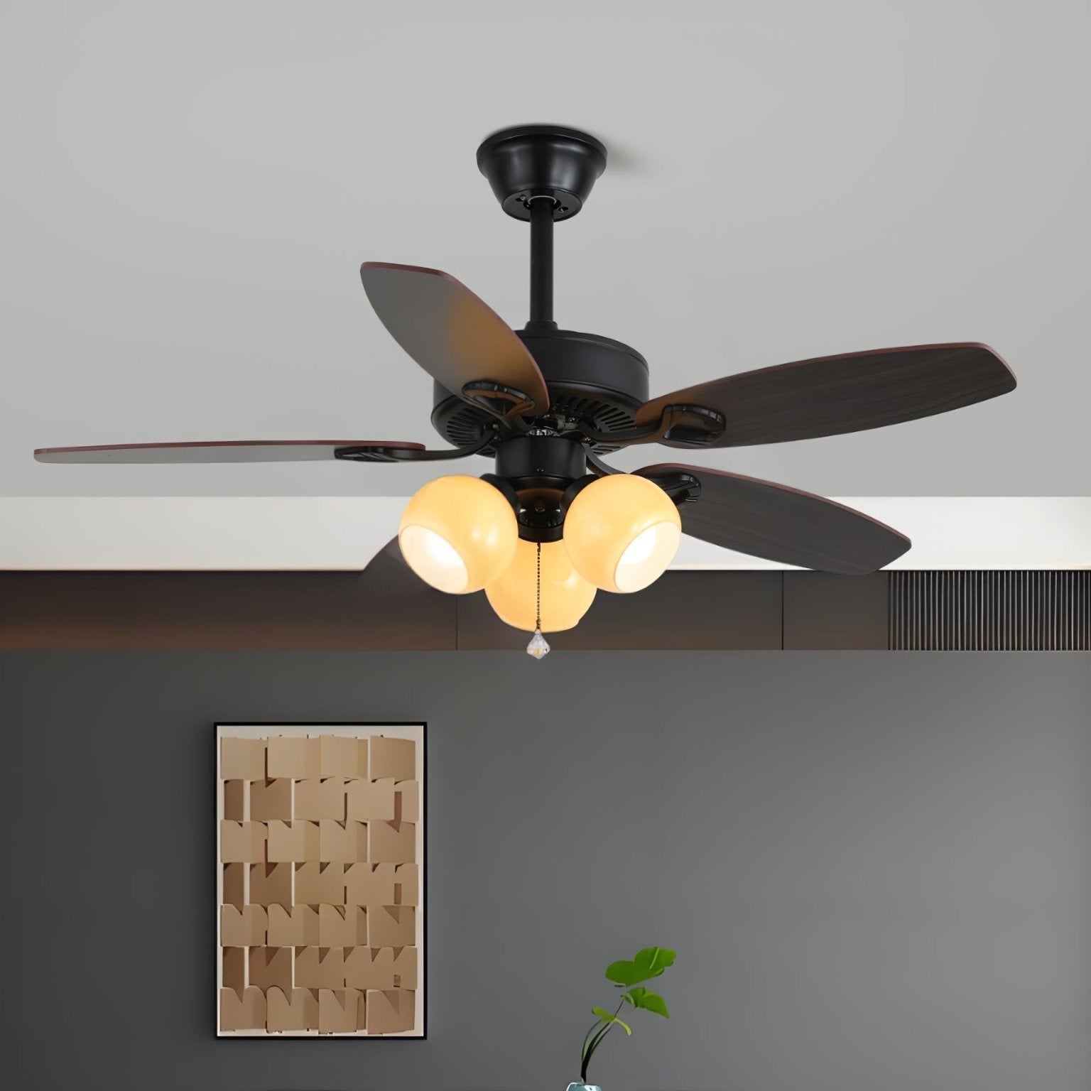 Plafonnier Ventilateur Calviera en Bois et Verre Vintage, vue de dessus