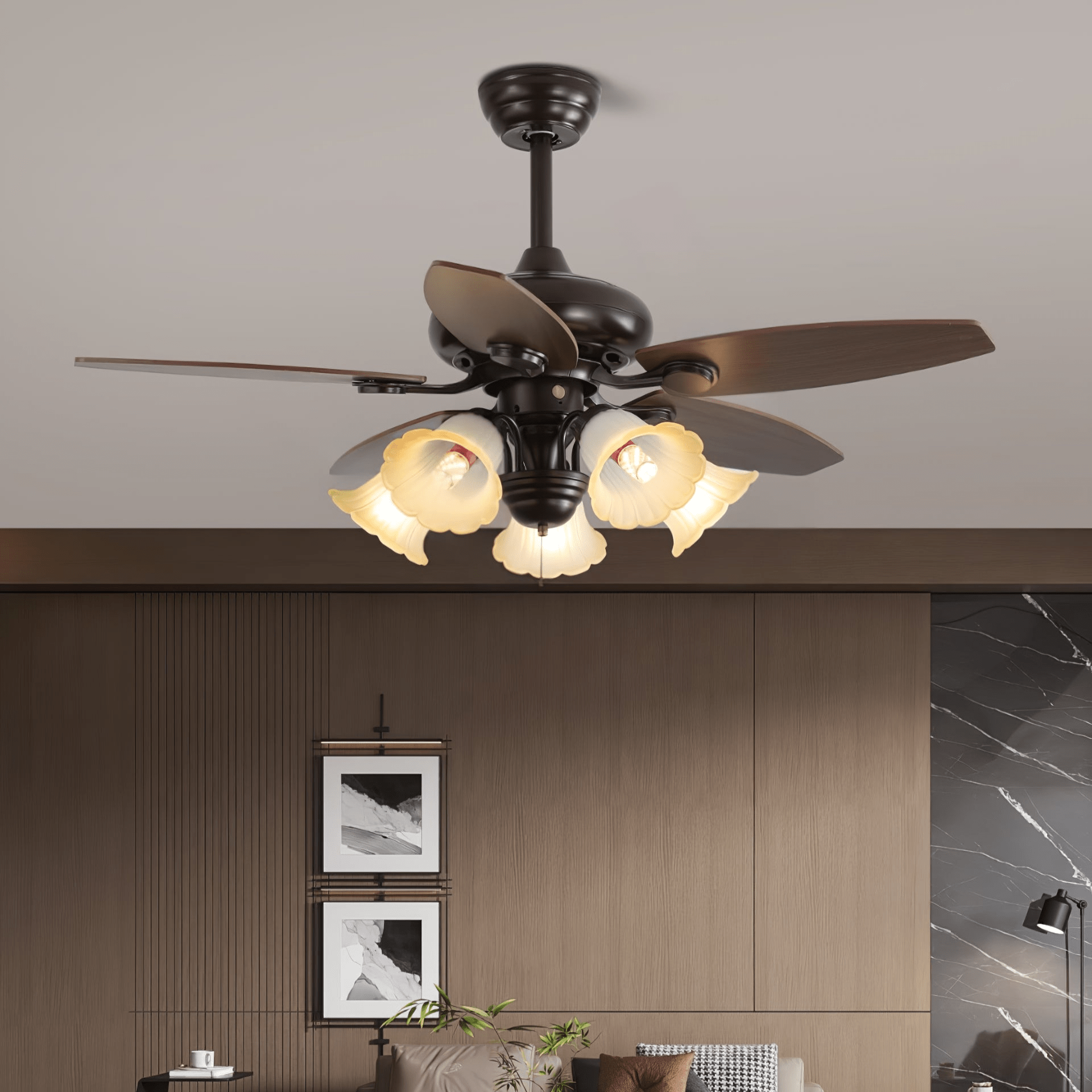 Plafonnier ventilateur Florence Vintage en bois et verre avec pales de ventilateur