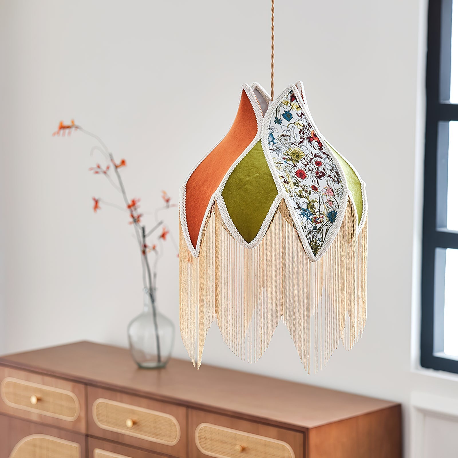 Lampe Suspension Abat-jour en Tissu Pétale Floral Franges Style Bohème - Neutralighting