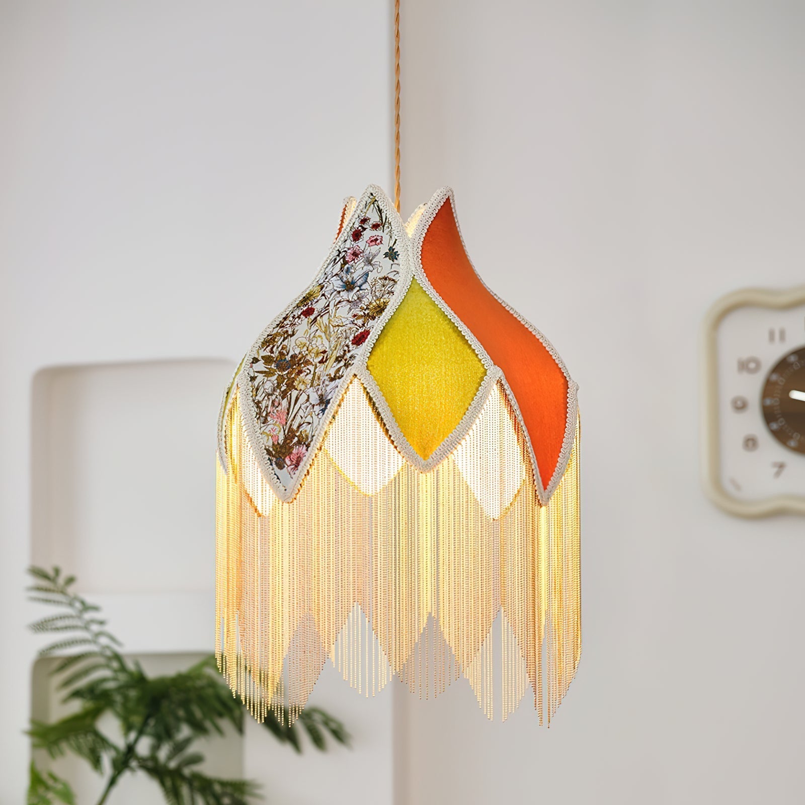 Lampe Suspension Abat-jour en Tissu Pétale Floral Franges Style Bohème - Neutralighting