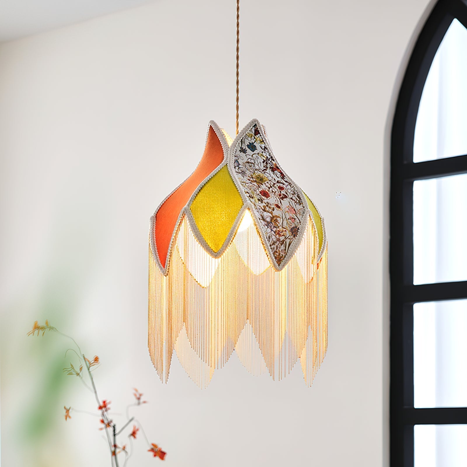 Lampe Suspension Abat-jour en Tissu Pétale Floral Franges Style Bohème - Neutralighting
