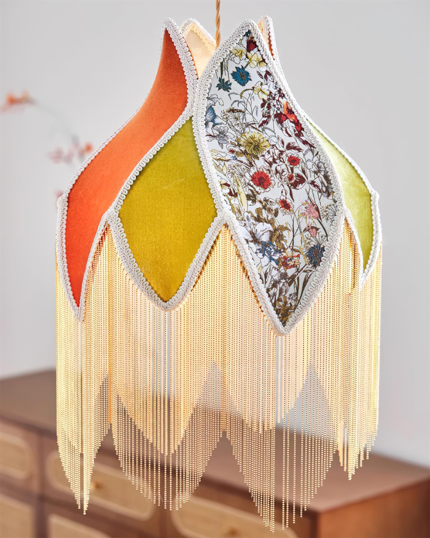 Lampe Suspension Abat-jour en Tissu Pétale Floral Franges Style Bohème - Neutralighting