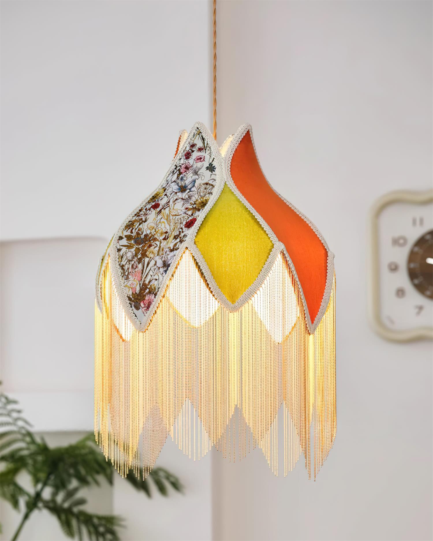 Lampe Suspension Abat-jour en Tissu Pétale Floral Franges Style Bohème - Neutralighting