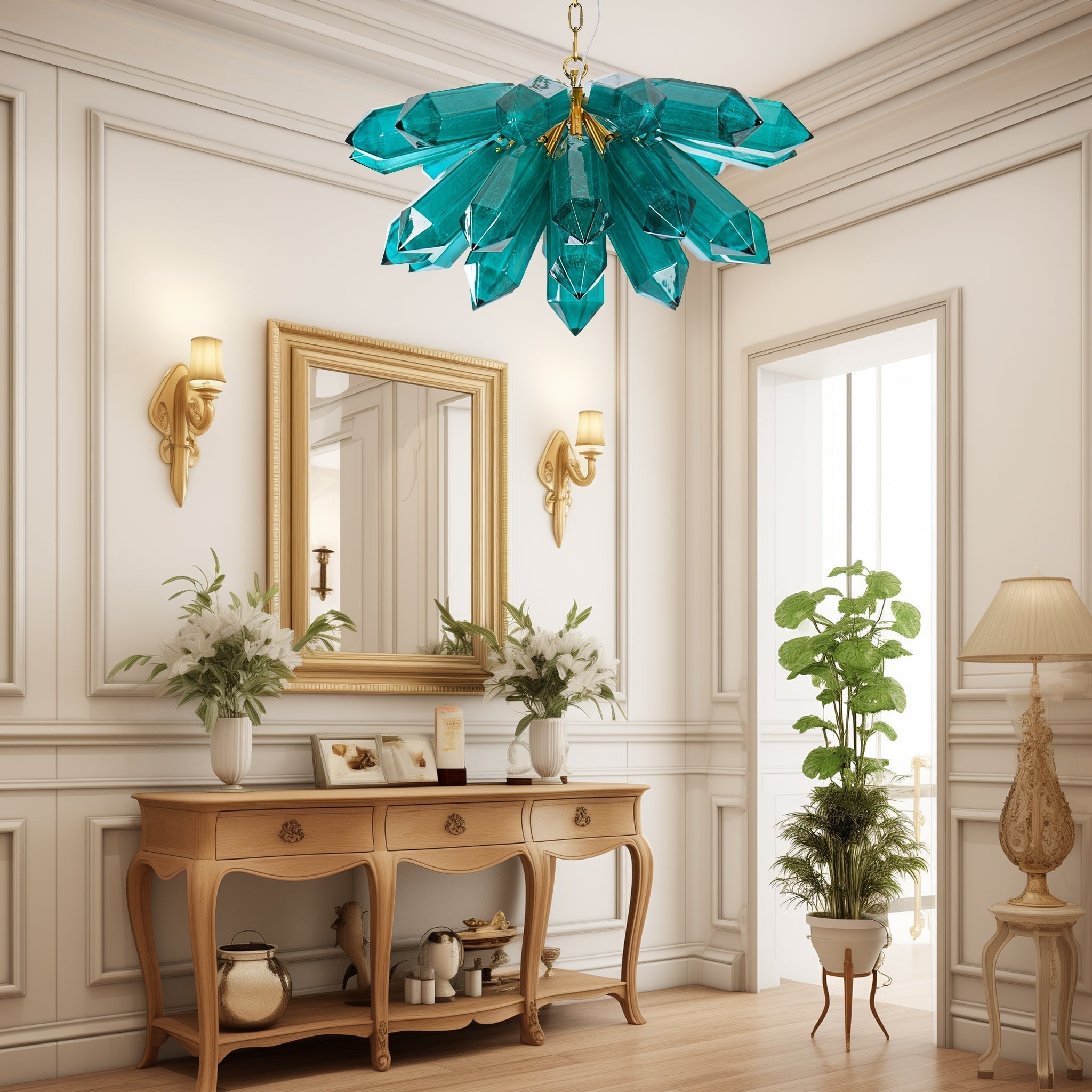 Aurora Chandelier Emerald Crystal Starburst Gold - Letslighting