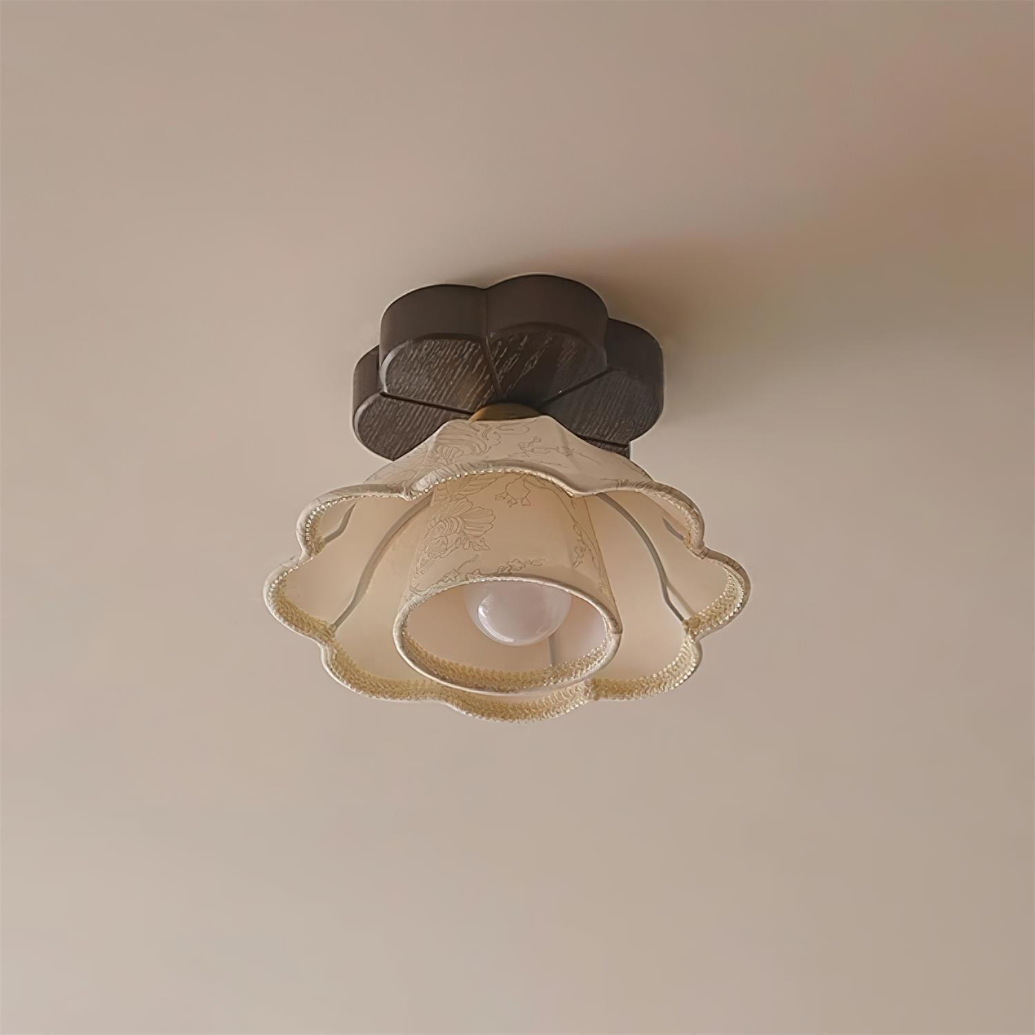 Ceiling Light Scalloped Fabric Shade Walnut Wood Canopy Vintage - Letslighting