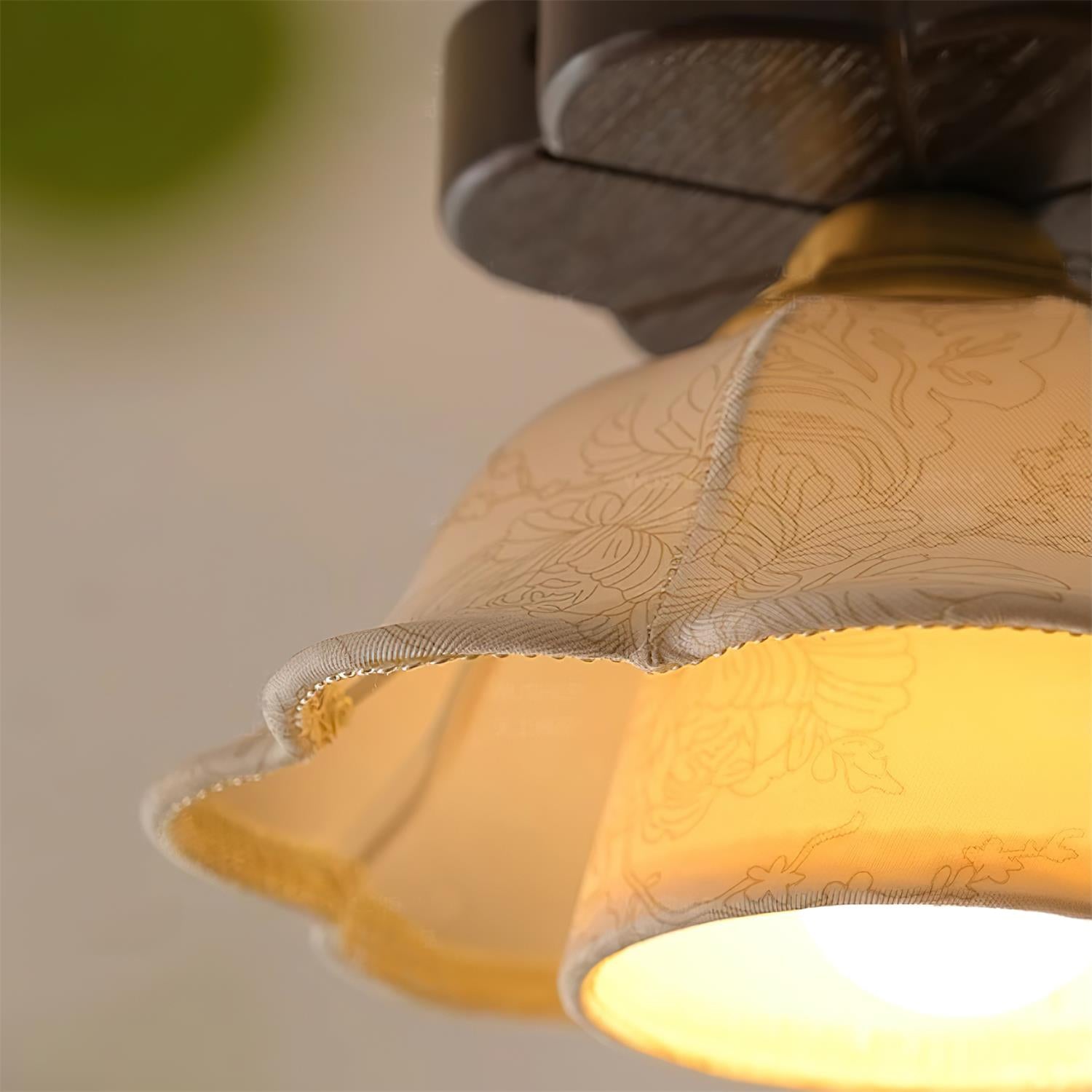 Ceiling Light Scalloped Fabric Shade Walnut Wood Canopy Vintage - Letslighting