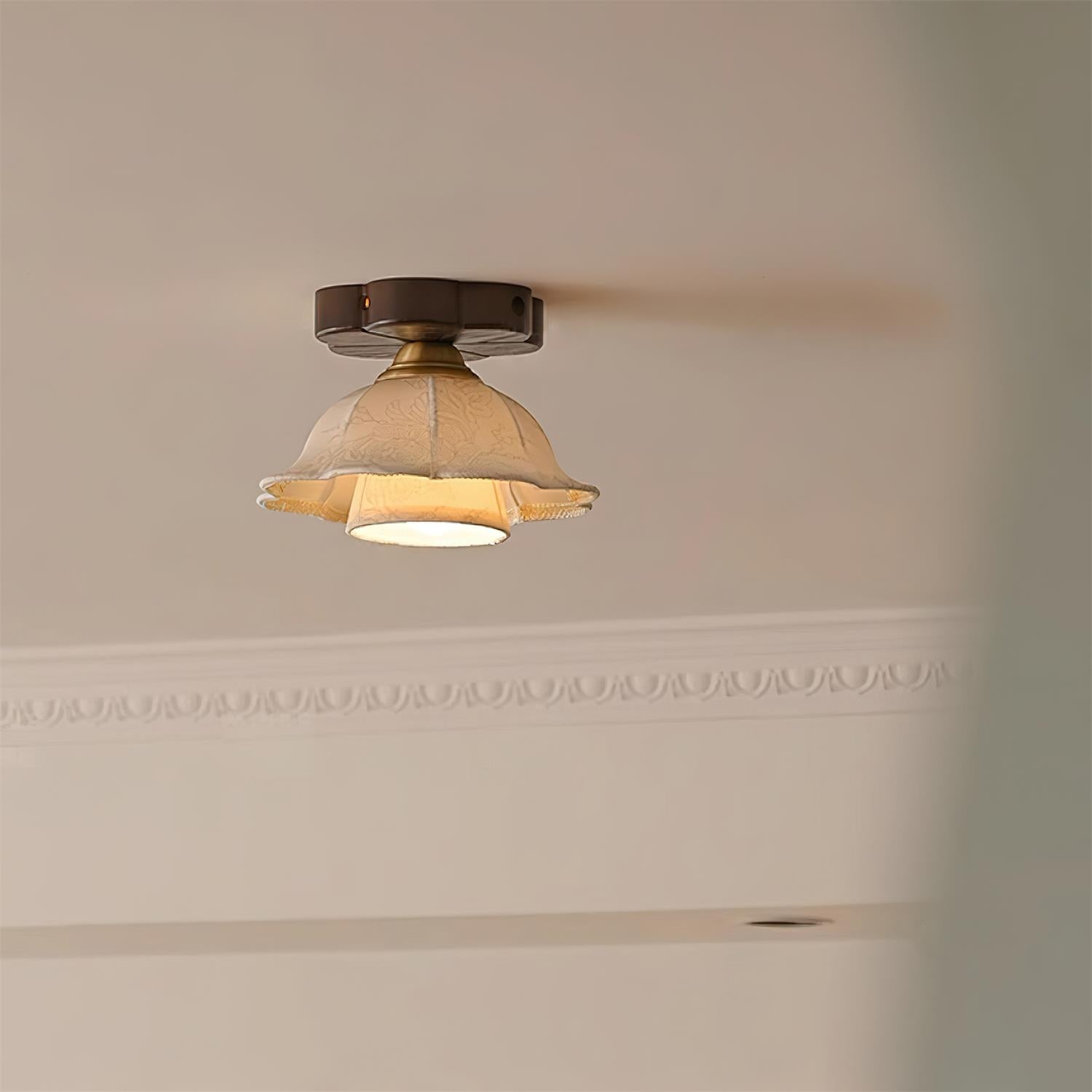 Ceiling Light Scalloped Fabric Shade Walnut Wood Canopy Vintage - Letslighting
