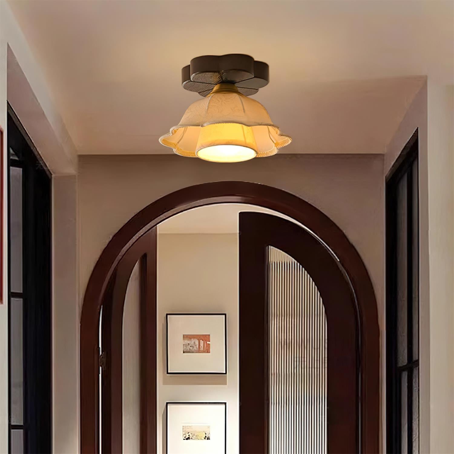 Ceiling Light Scalloped Fabric Shade Walnut Wood Canopy Vintage - Letslighting