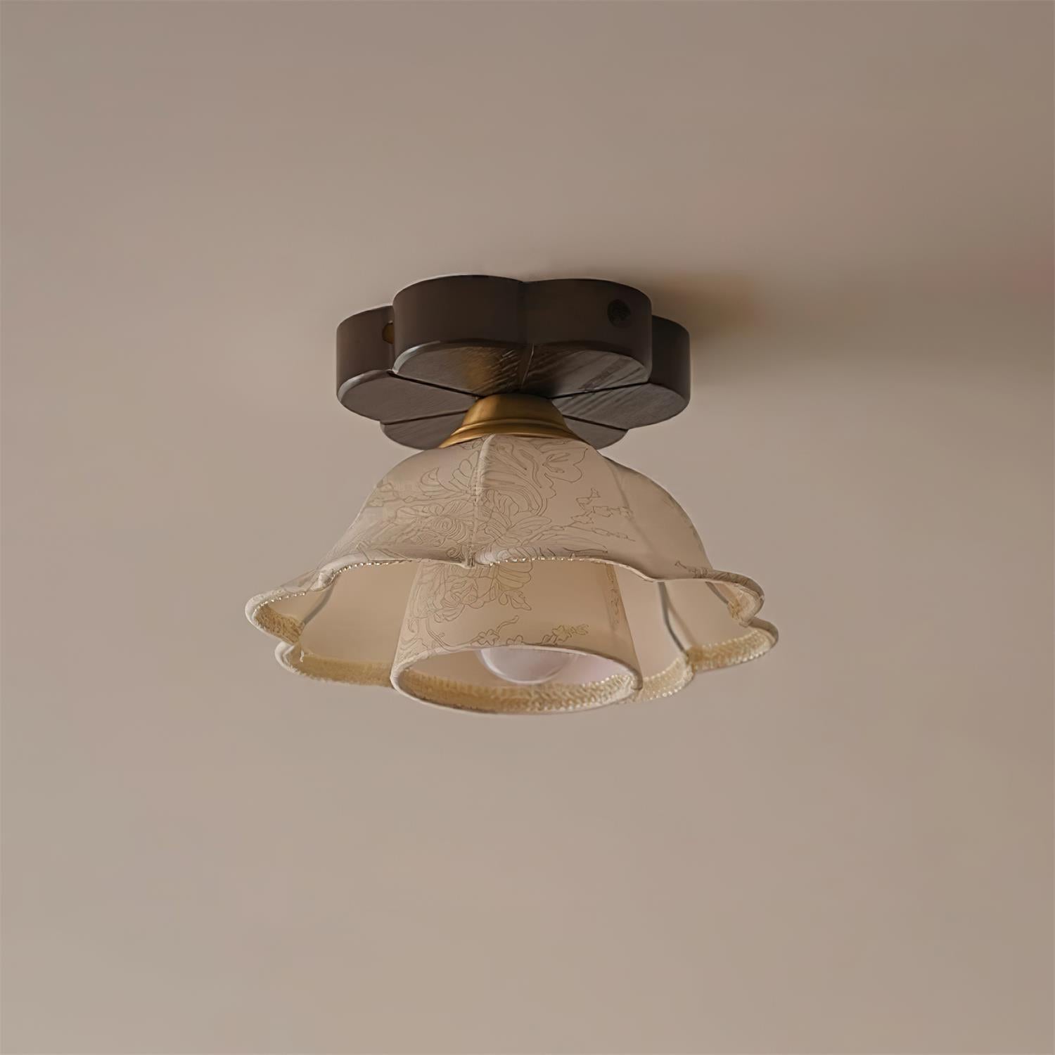 Ceiling Light Scalloped Fabric Shade Walnut Wood Canopy Vintage - Letslighting
