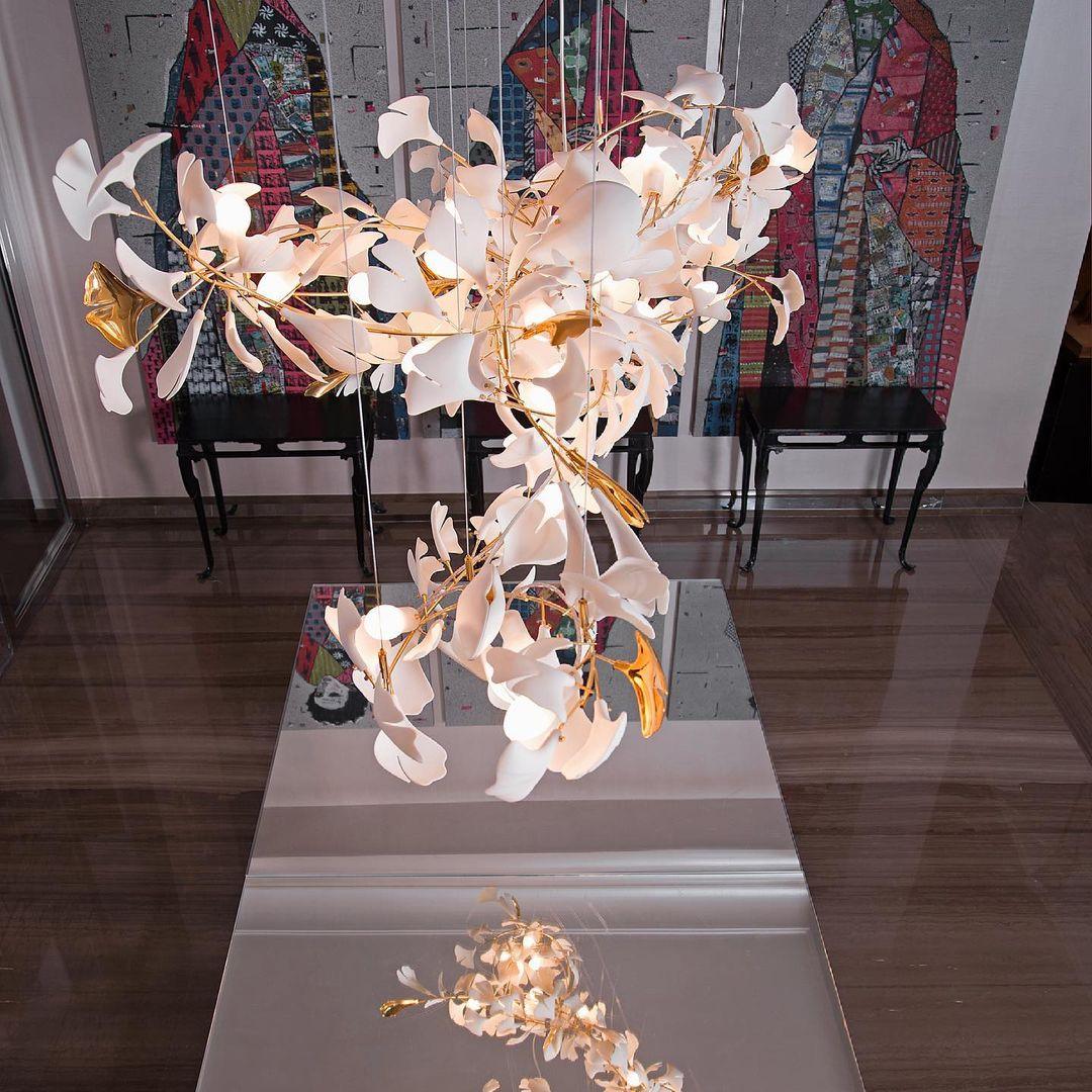 Ginkgo Lustre Céramique Blanche Pétales de Or Art Nouveau Organique - Neutralighting