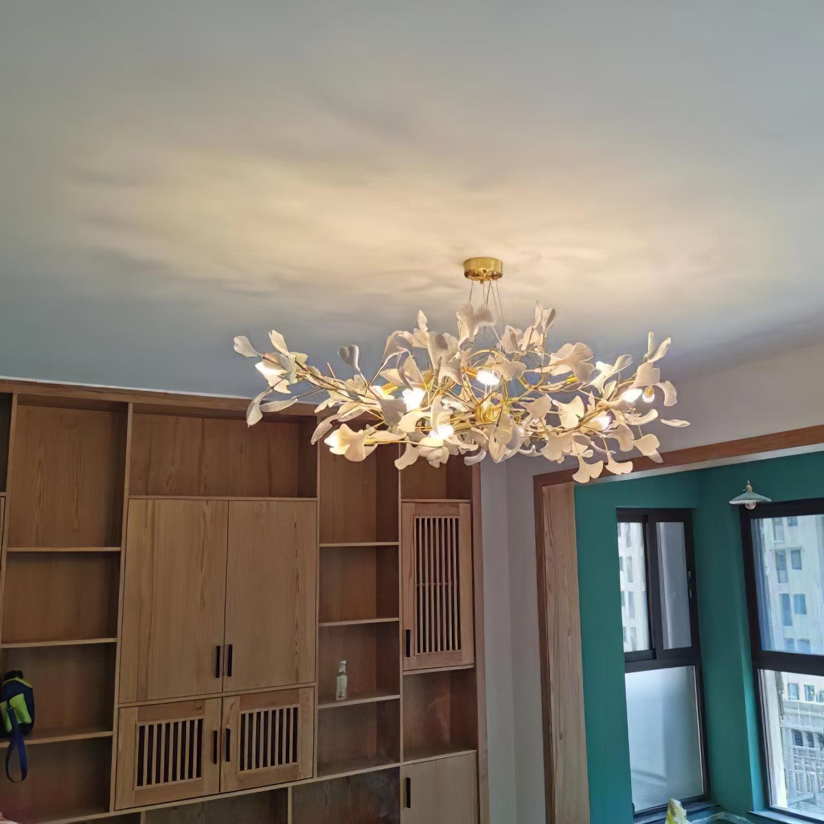 Ginkgo Lustre Céramique Blanche Pétales de Or Art Nouveau Organique - Neutralighting