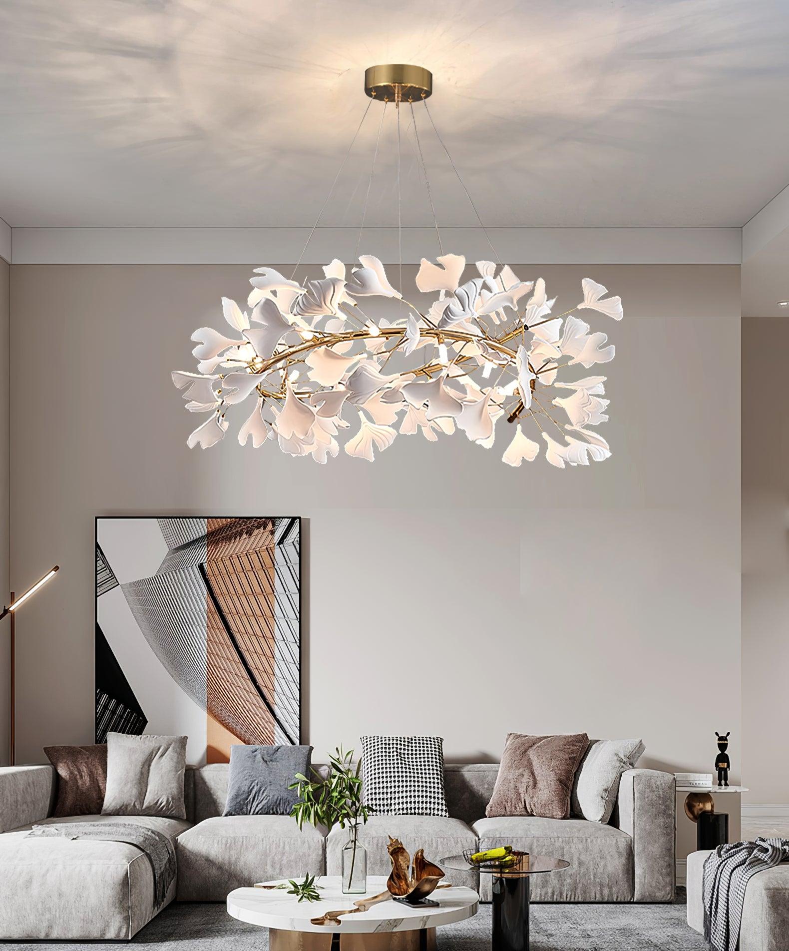 Ginkgo Chandelier White Ceramic Petals Gold Branches Art - Neutralighting