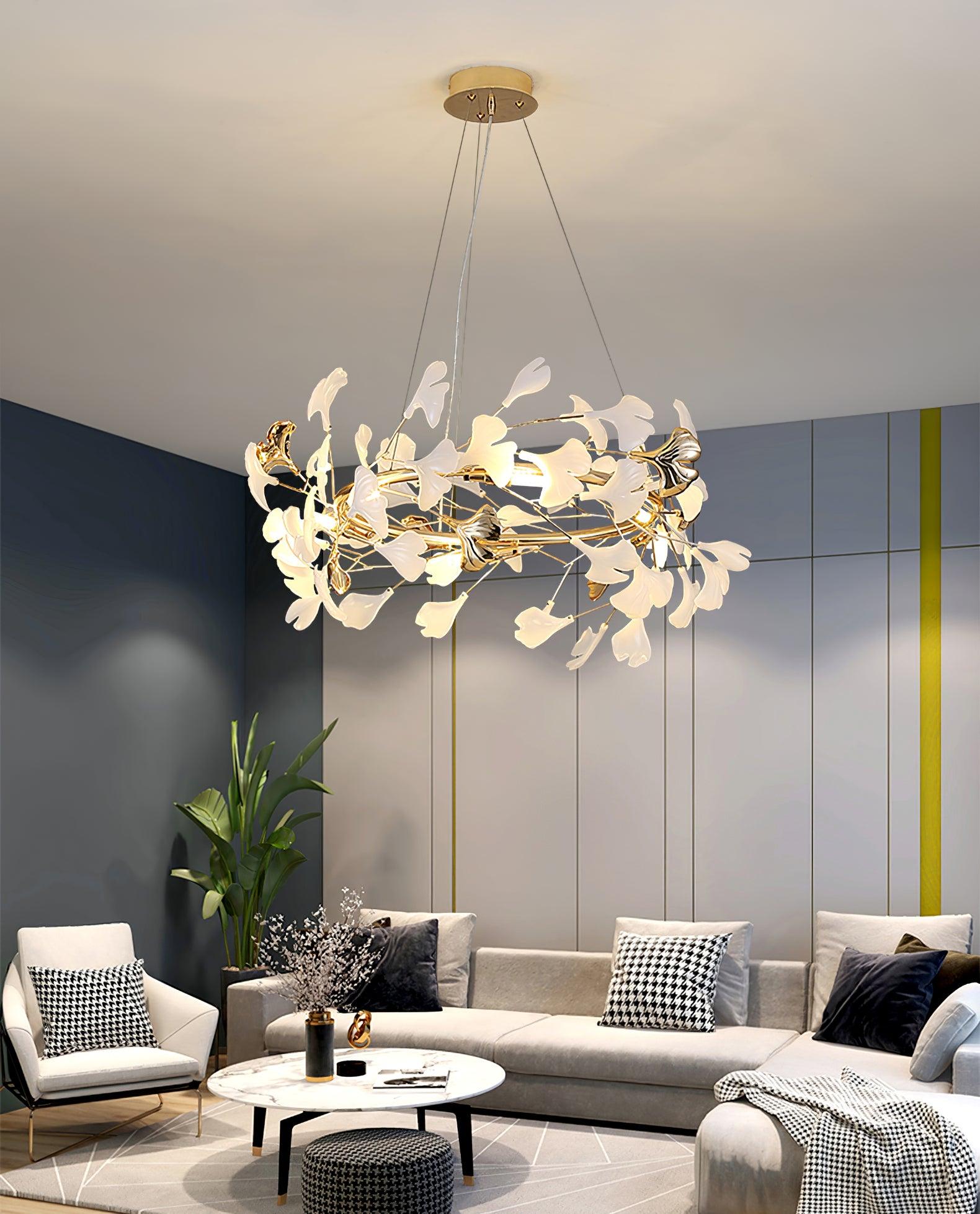 Ginkgo Chandelier White Ceramic Petals Gold Branches Art - Neutralighting