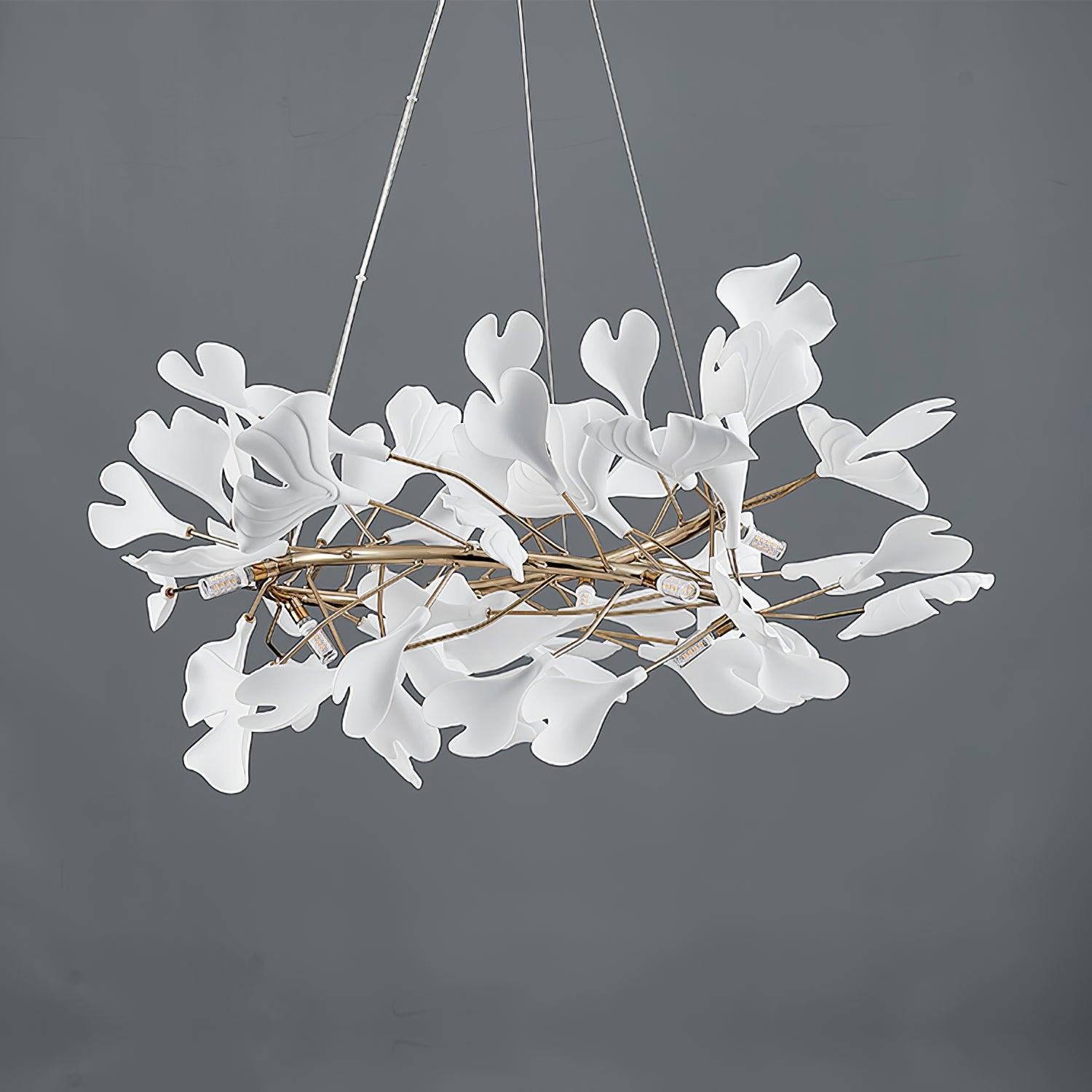 Ginkgo Chandelier White Ceramic Petals Gold Branches Art - Neutralighting