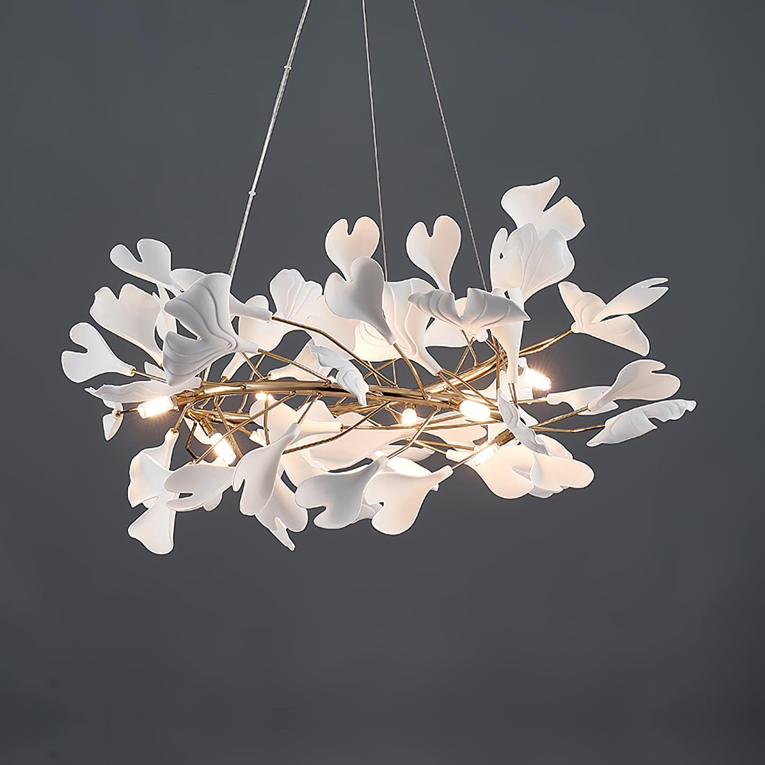 Ginkgo Chandelier White Ceramic Petals Gold Branches Art - Neutralighting