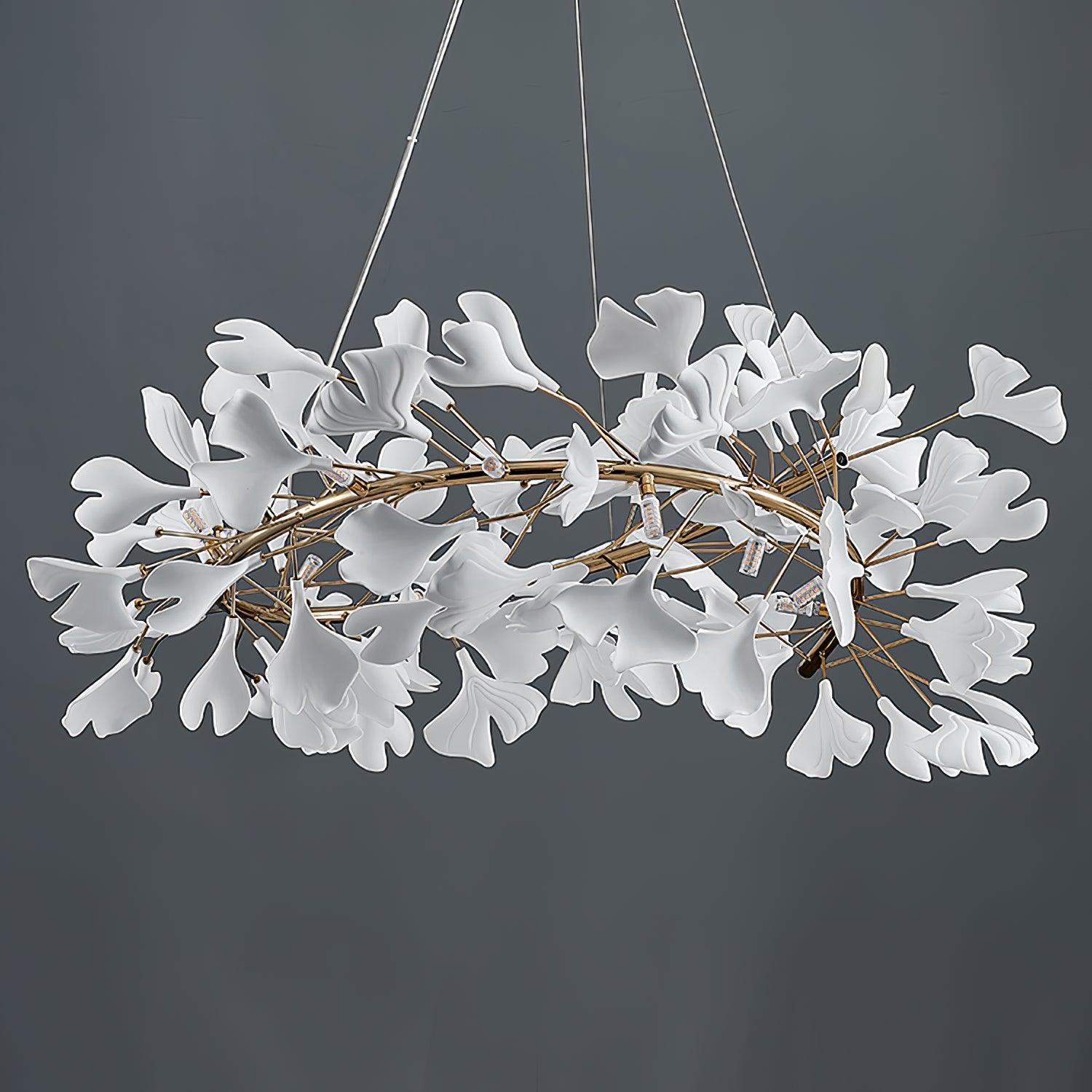 Ginkgo Chandelier White Ceramic Petals Gold Branches Art - Neutralighting