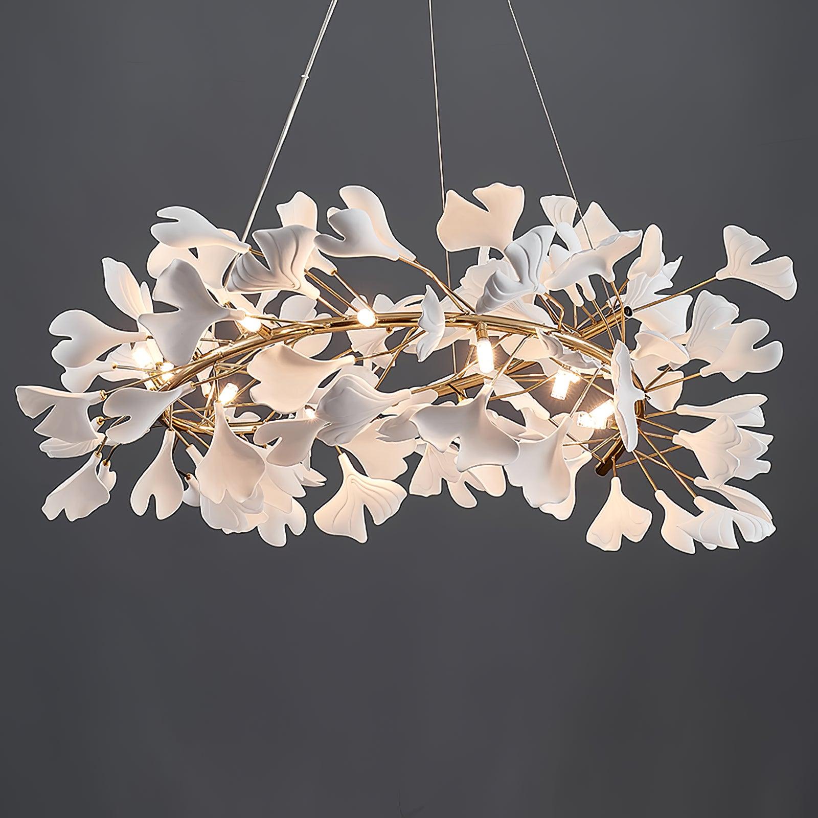 Ginkgo Chandelier White Ceramic Petals Gold Branches Art - Neutralighting