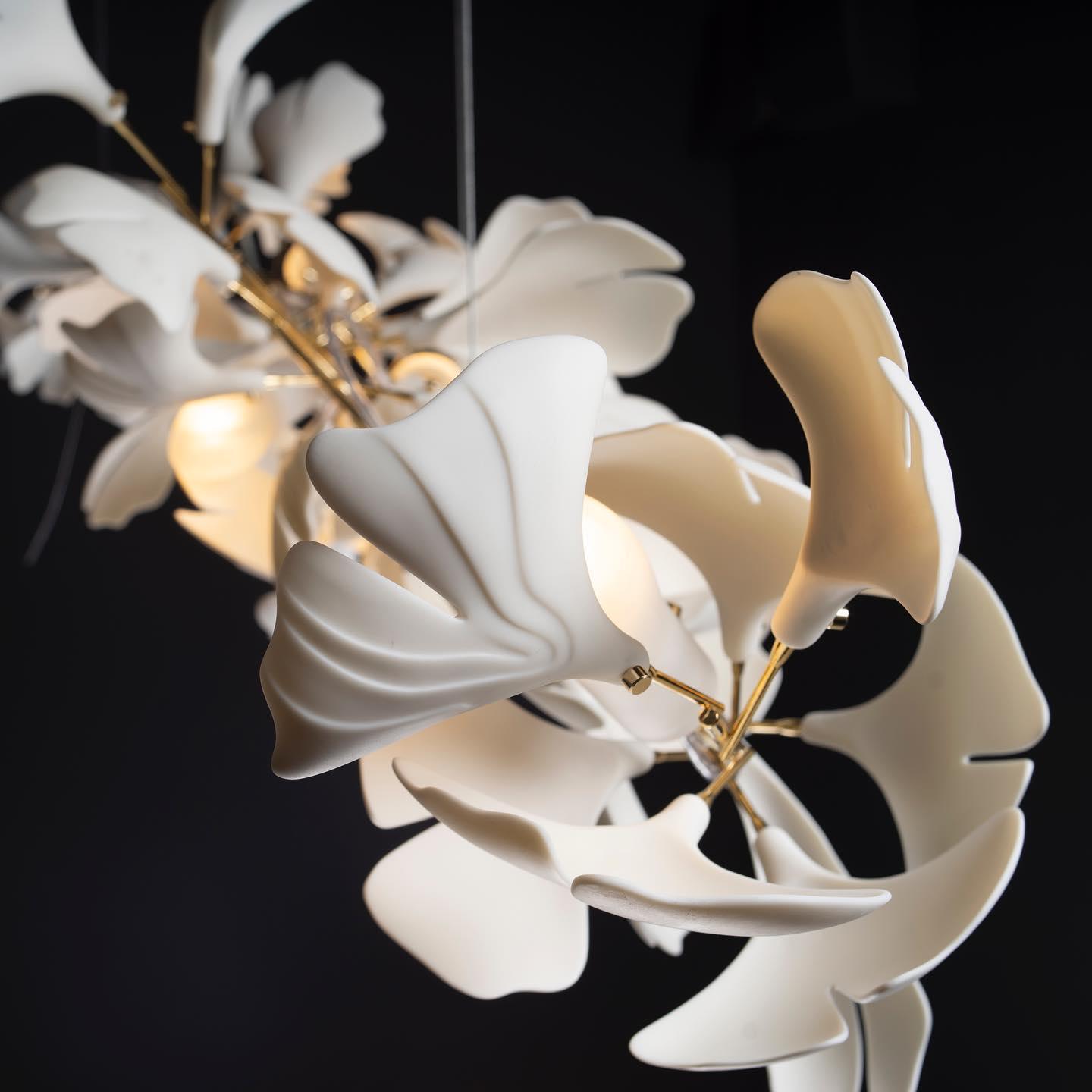 Ginkgo Chandelier White Ceramic Petals Gold Branches Art - Neutralighting