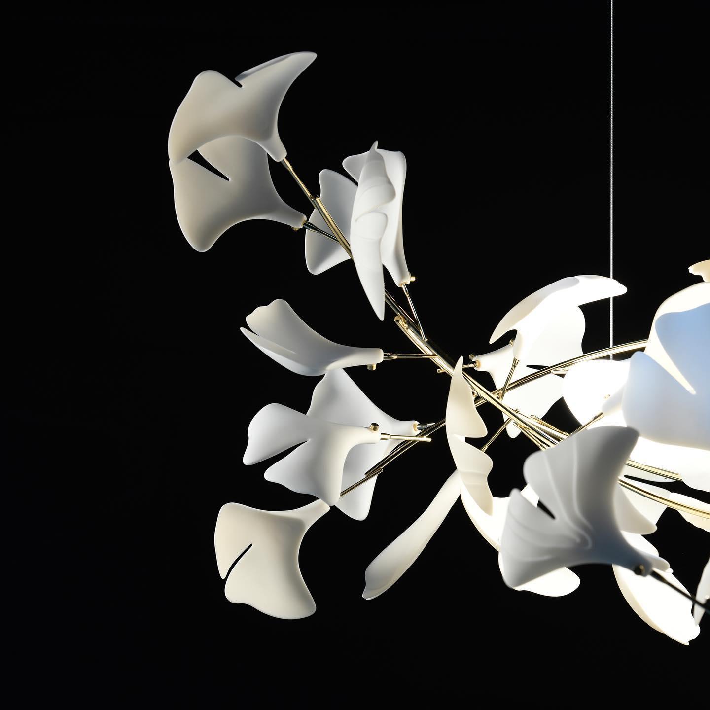 Ginkgo Chandelier White Ceramic Petals Gold Branches Art - Neutralighting