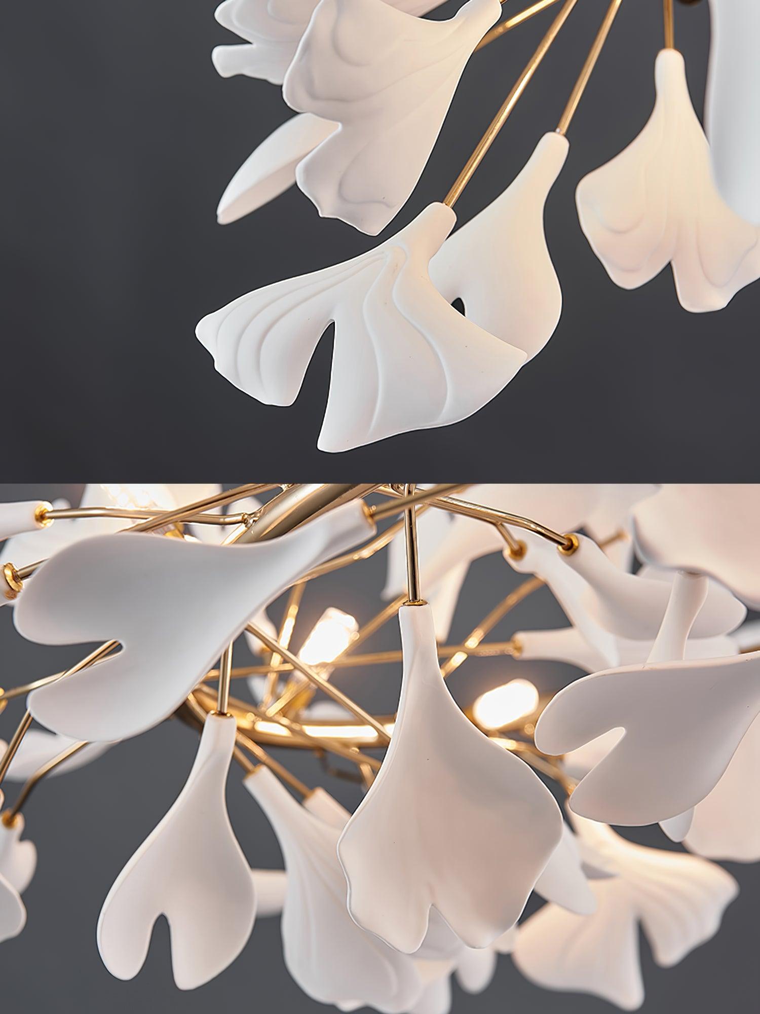 Ginkgo Chandelier White Ceramic Petals Gold Branches Art - Neutralighting