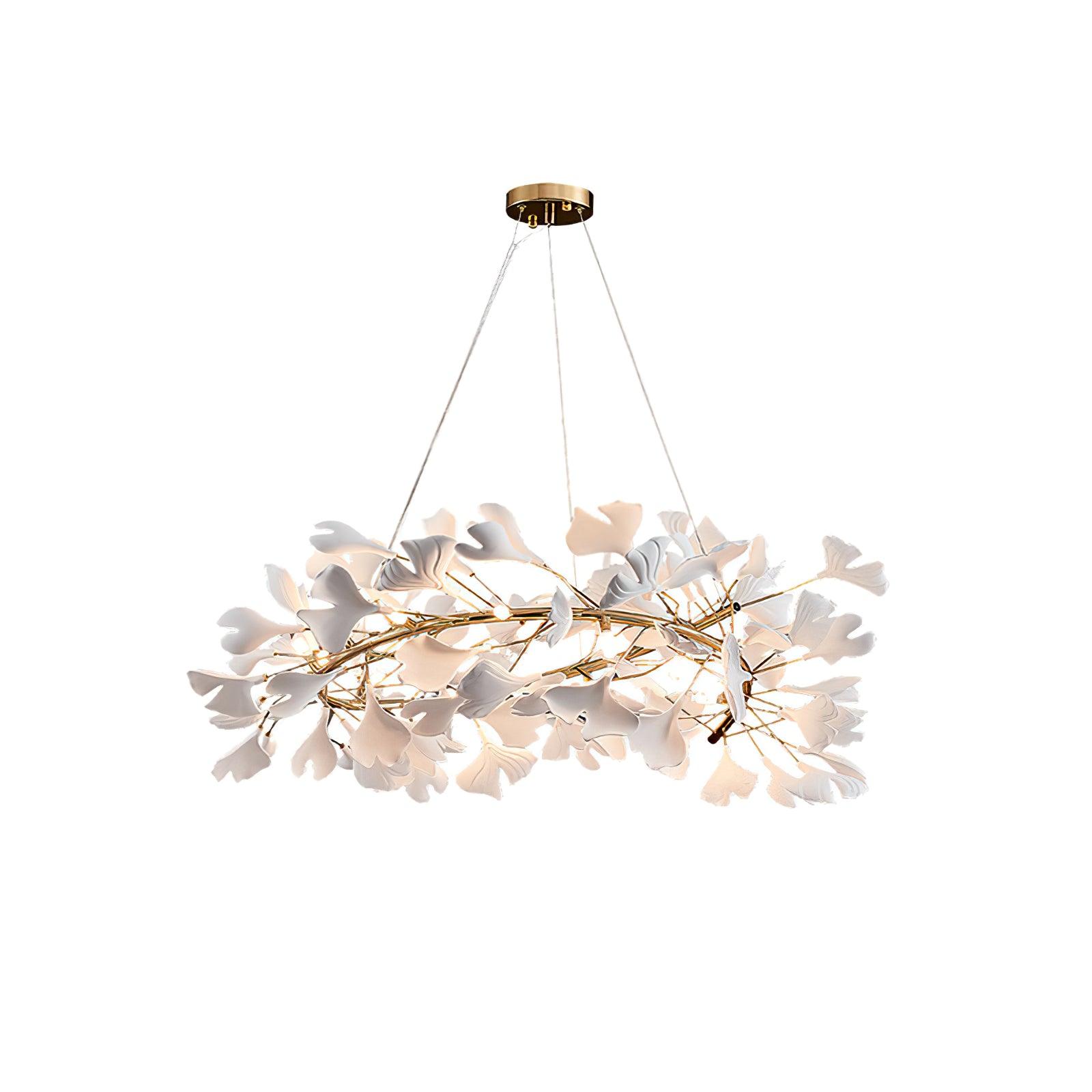 Ginkgo Chandelier White Ceramic Petals Gold Branches Art - Neutralighting