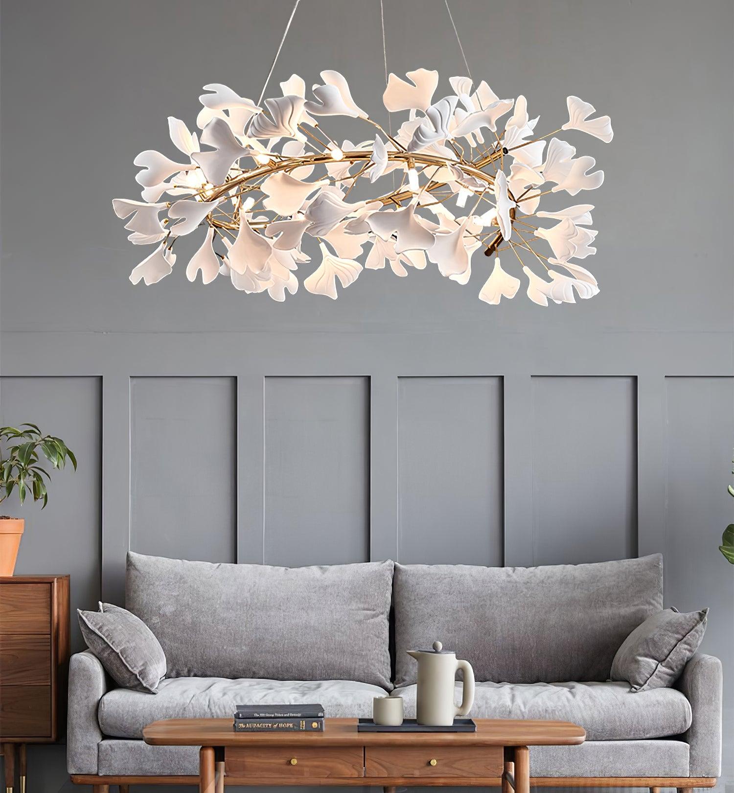 Ginkgo Chandelier White Ceramic Petals Gold Branches Art - Neutralighting