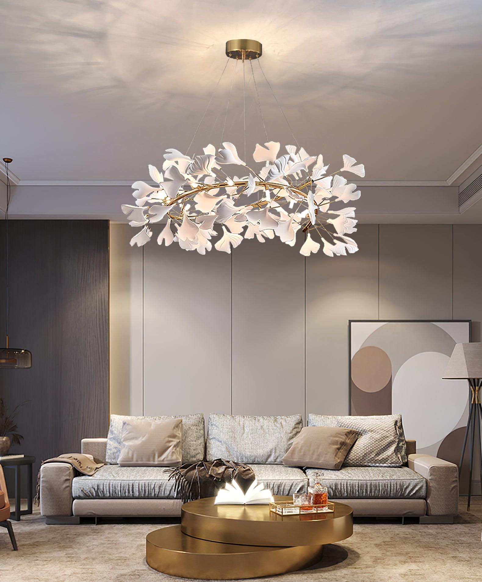 Ginkgo Chandelier White Ceramic Petals Gold Branches Art - Neutralighting