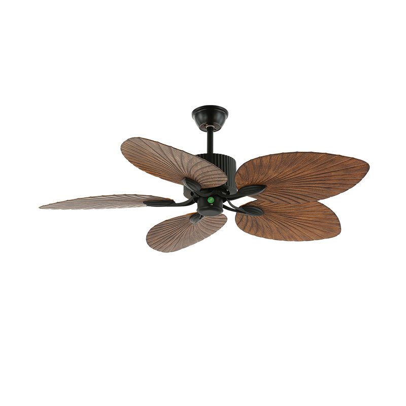Plafonnier ventilateur Virel en bois tropical présentant un abat-jour en verre