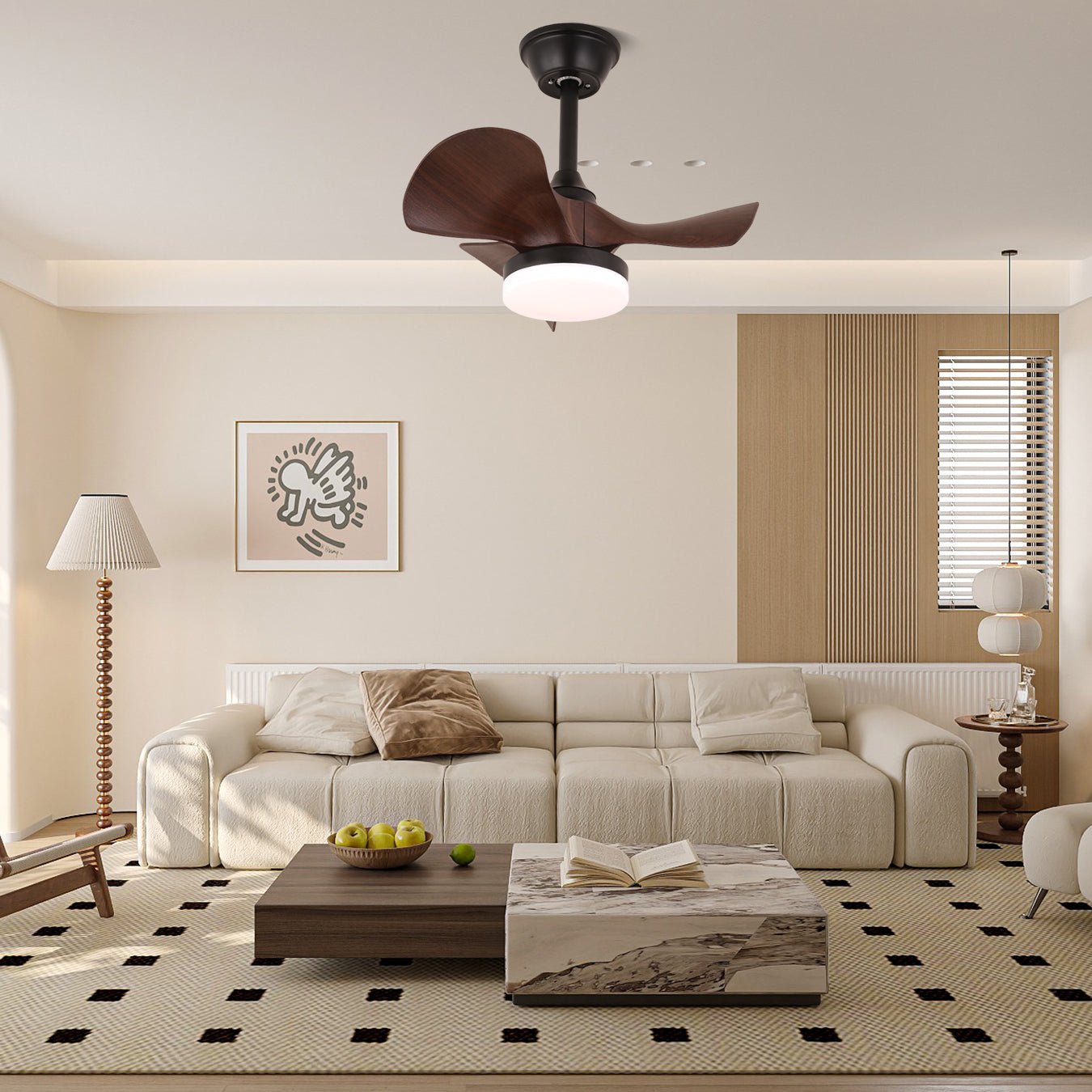 Plafonnier Ventilateur Neriah Moderne en Bois montrant la finition en bois de noyer