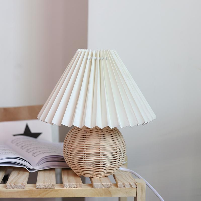 Muto Lampe de Table Vintage, Céramique/Rotin/Bois/Tissu, Blanc/Beige, Chambre - Neutralighting