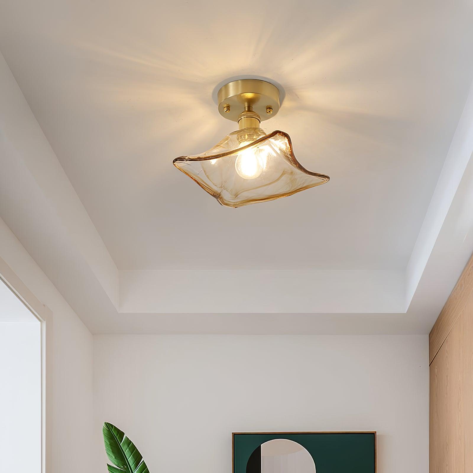 Lampe de Plafond Abat-jour en Verre Ambre Tourbillonné Laiton Industriel Vintage - Neutralighting
