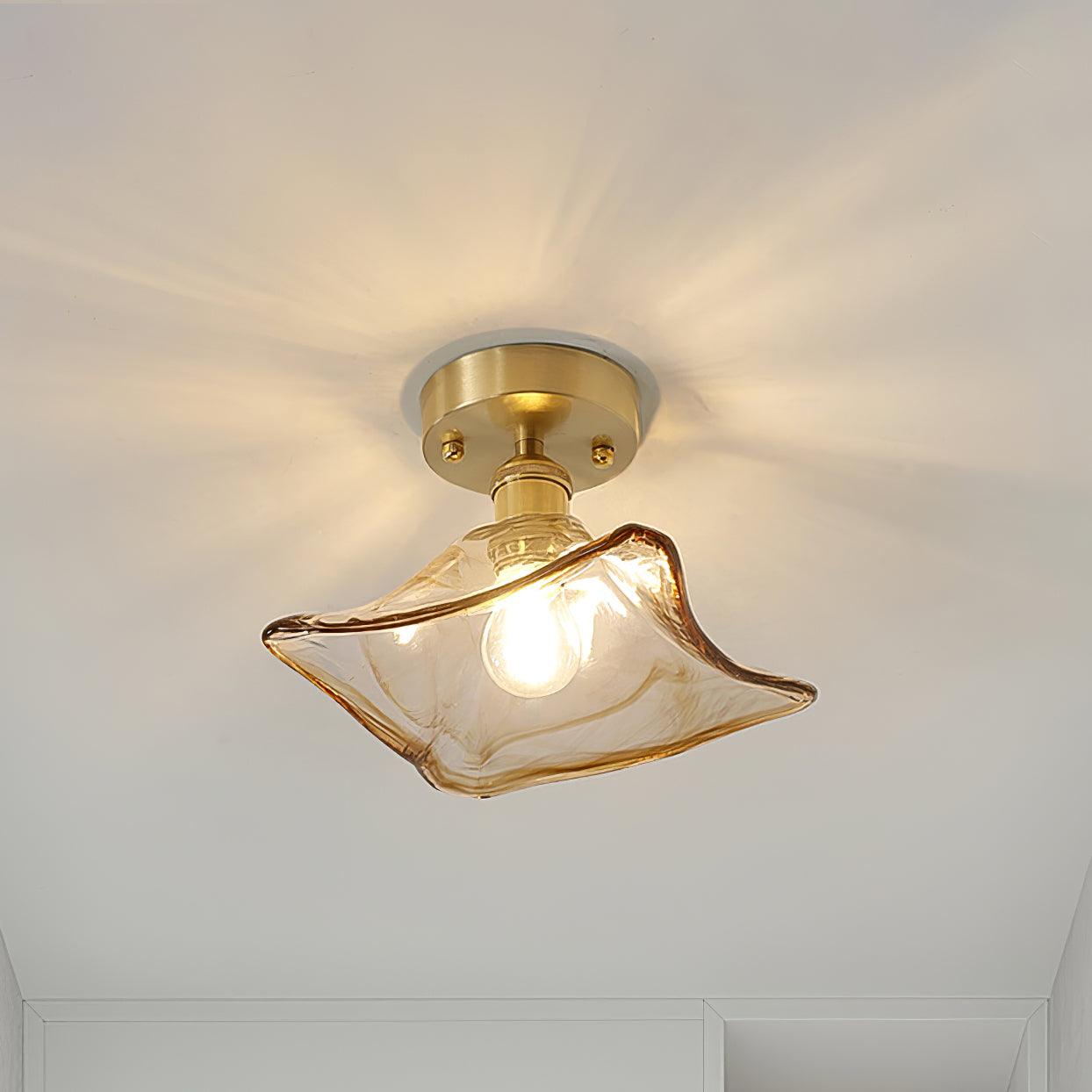 Lampe de Plafond Abat-jour en Verre Ambre Tourbillonné Laiton Industriel Vintage - Neutralighting