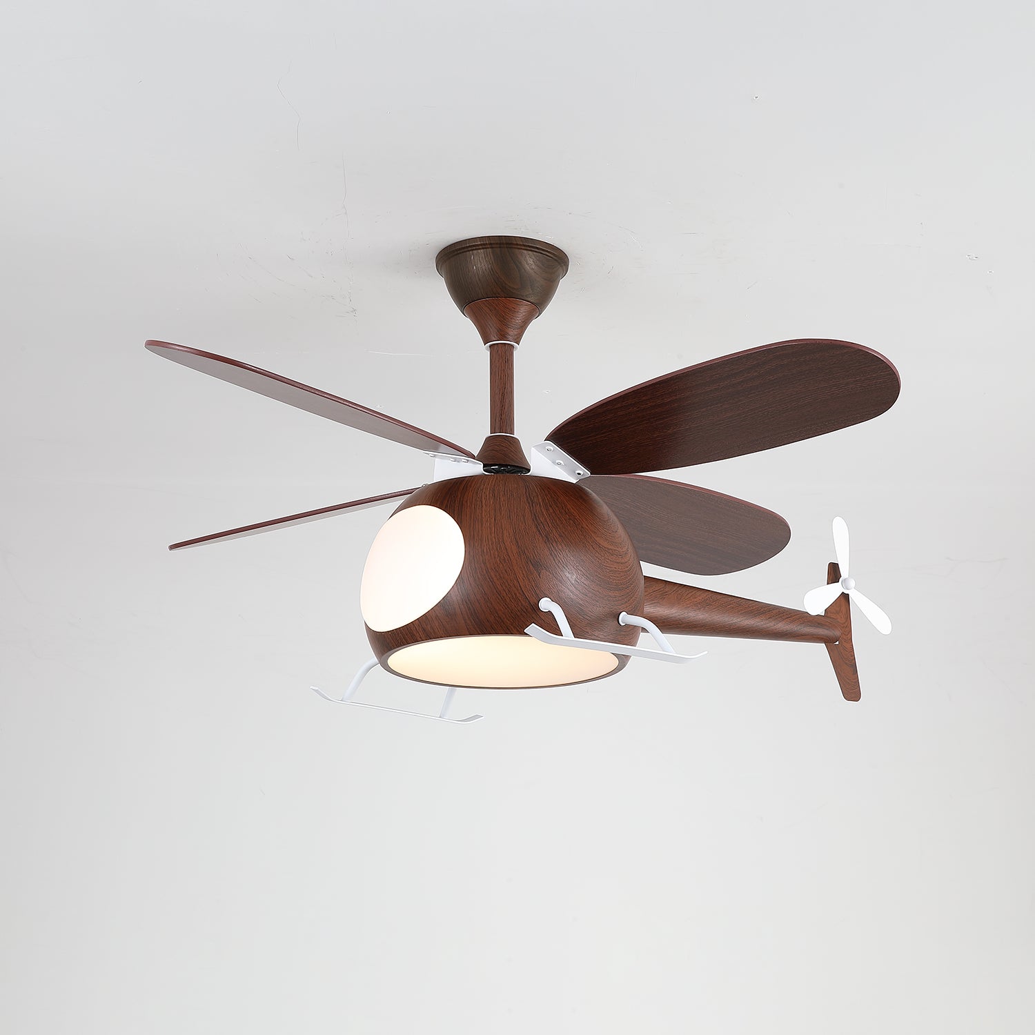 Ventilateur de plafond et luminaire Aviara Bois Moderne pour chambre d'enfant, détail de l'abat-jour blanc