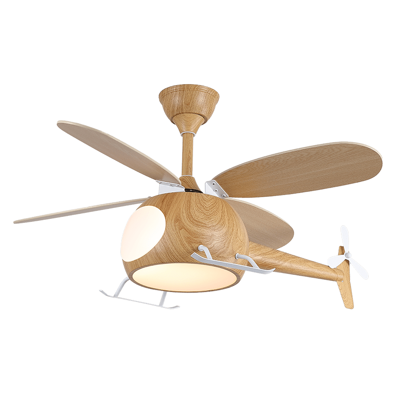 Ventilateur de plafond et luminaire Aviara Bois Moderne pour chambre d'enfant, exemple de version avec tige de suspension