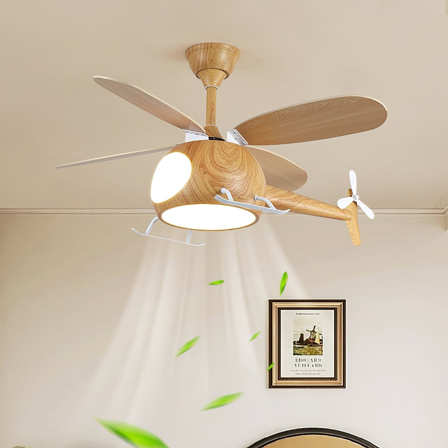 Ventilateur de plafond et luminaire Aviara Bois Moderne pour chambre d'enfant avec télécommande portable