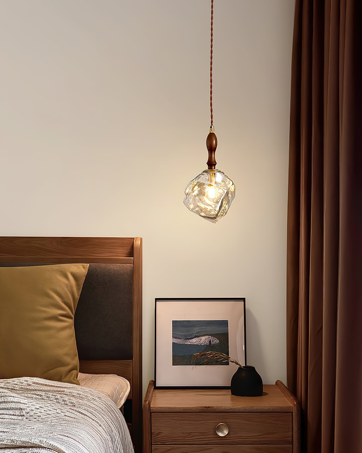 Pendant Lamp Walnut Wood Glass Cube Shade Sculptural Chic - Letslighting