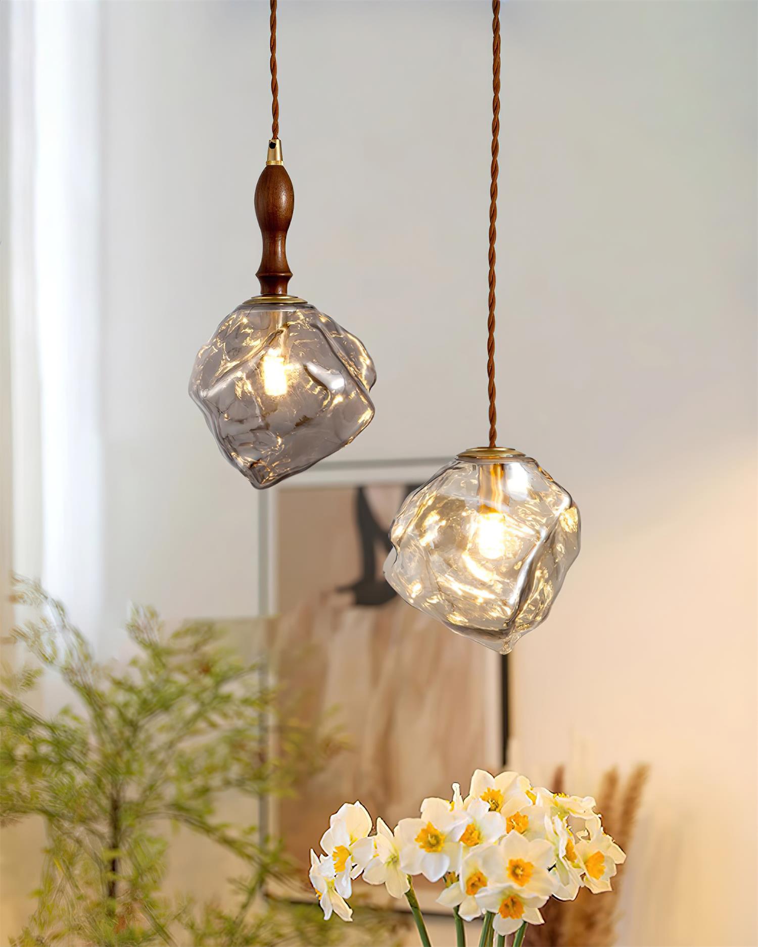 Pendant Lamp Walnut Wood Glass Cube Shade Sculptural Chic - Letslighting
