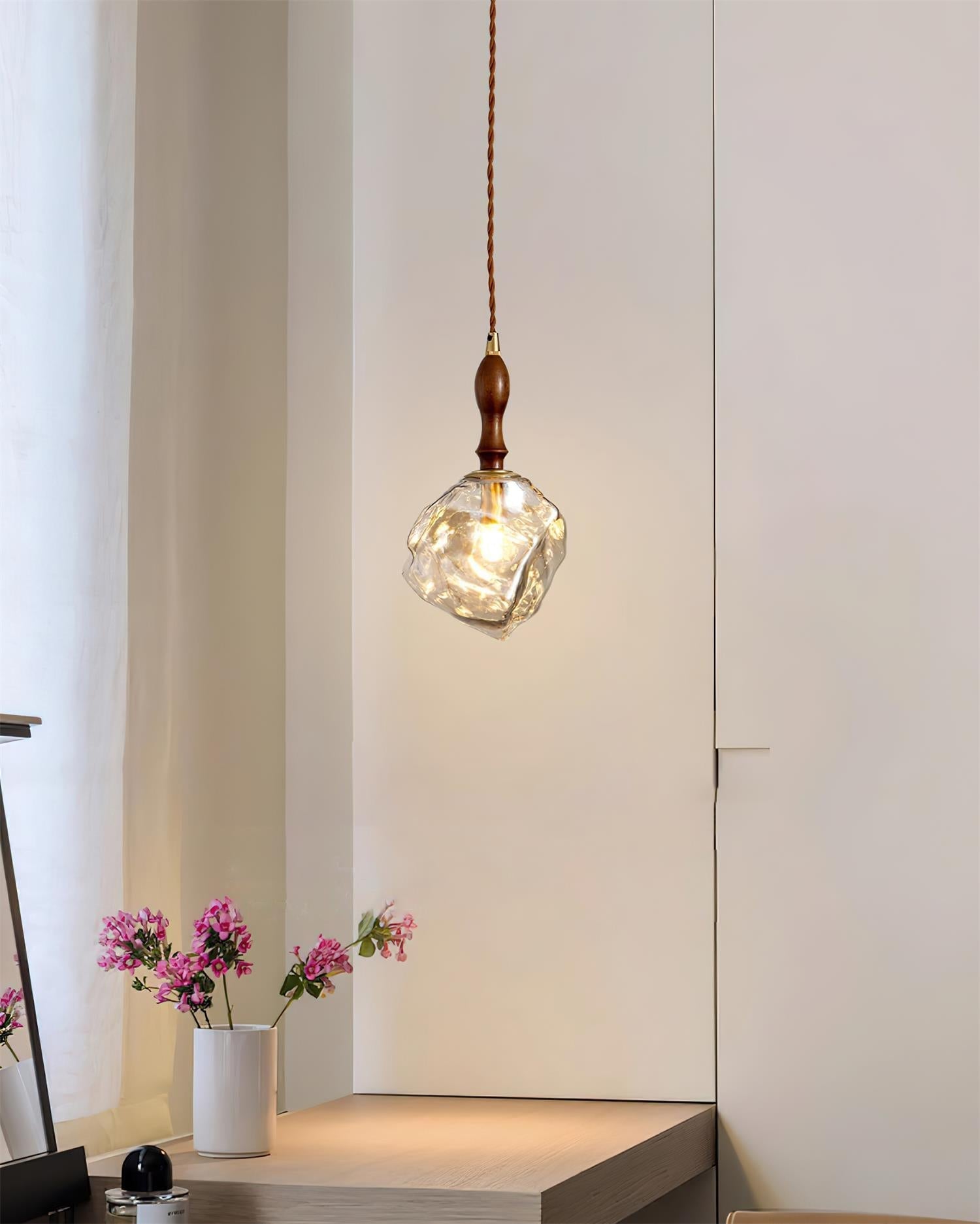 Pendant Lamp Walnut Wood Glass Cube Shade Sculptural Chic - Letslighting